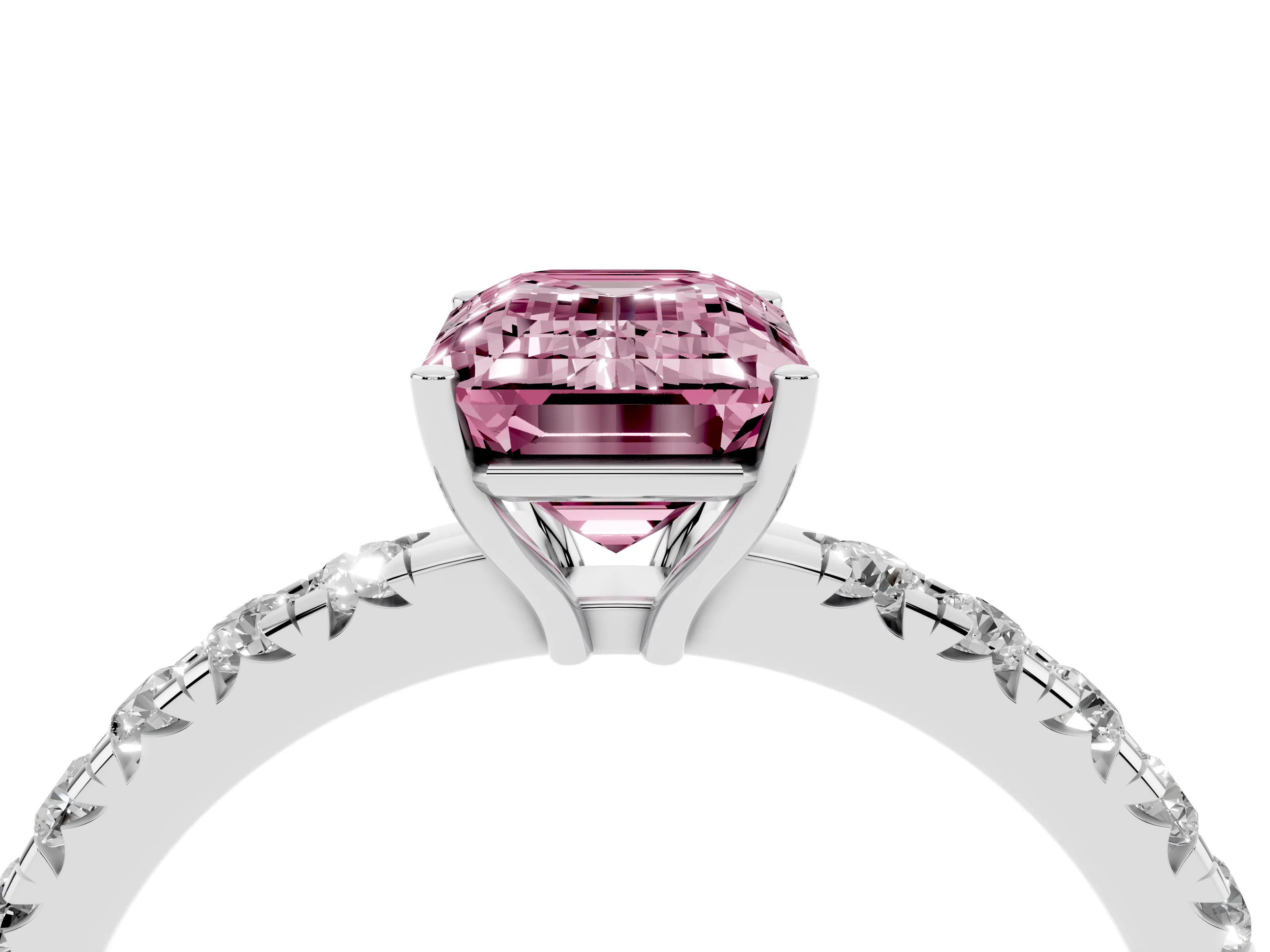 Fancy Pink Emerald Cut Diamond Pavé Solitaire Engagement Ring Set in Platinum with Prong Setting