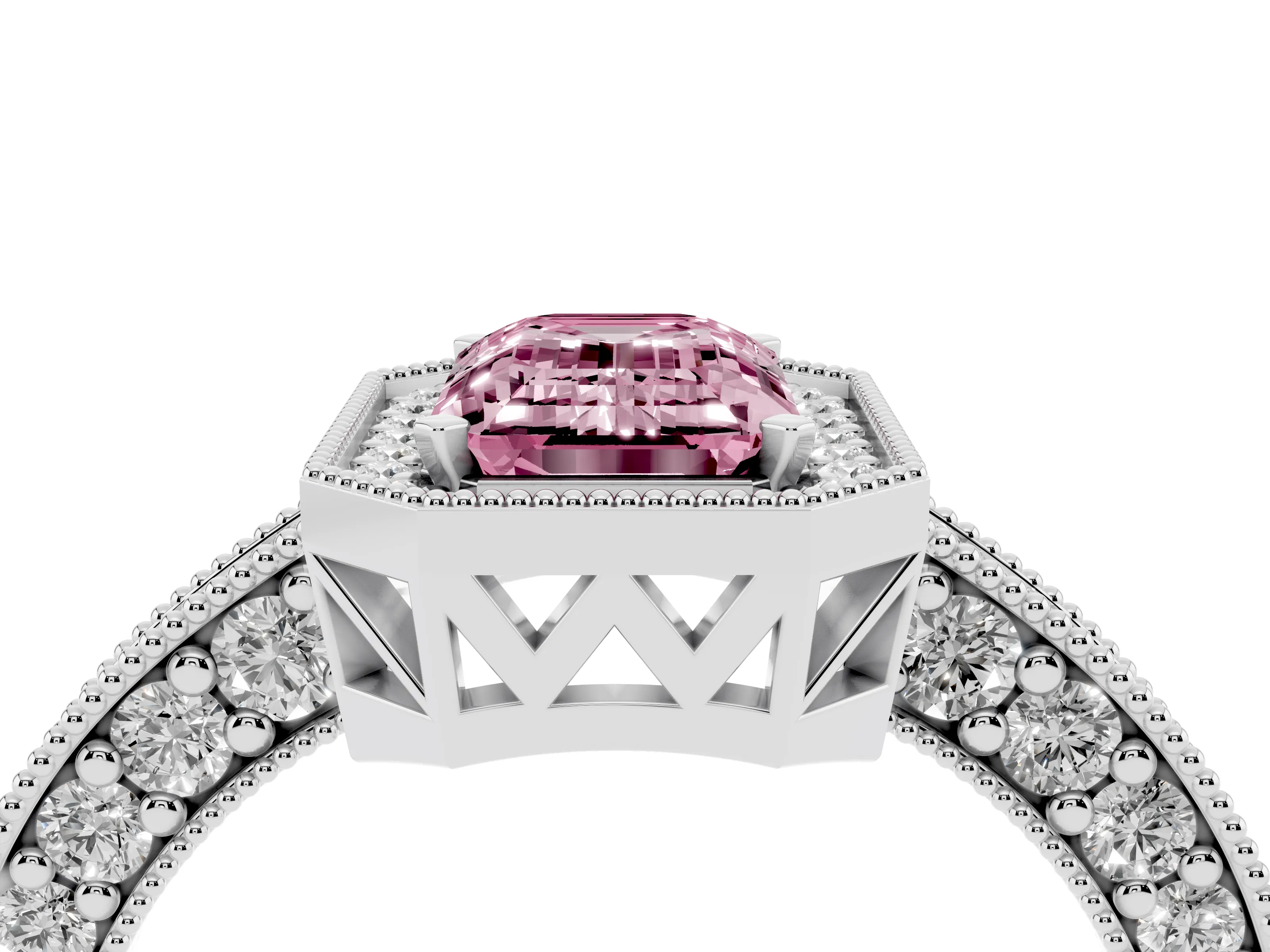 Fancy Pink Emerald Cut Diamond Halo Pavé Band Ring Set in Platinum with Prong-Set Center