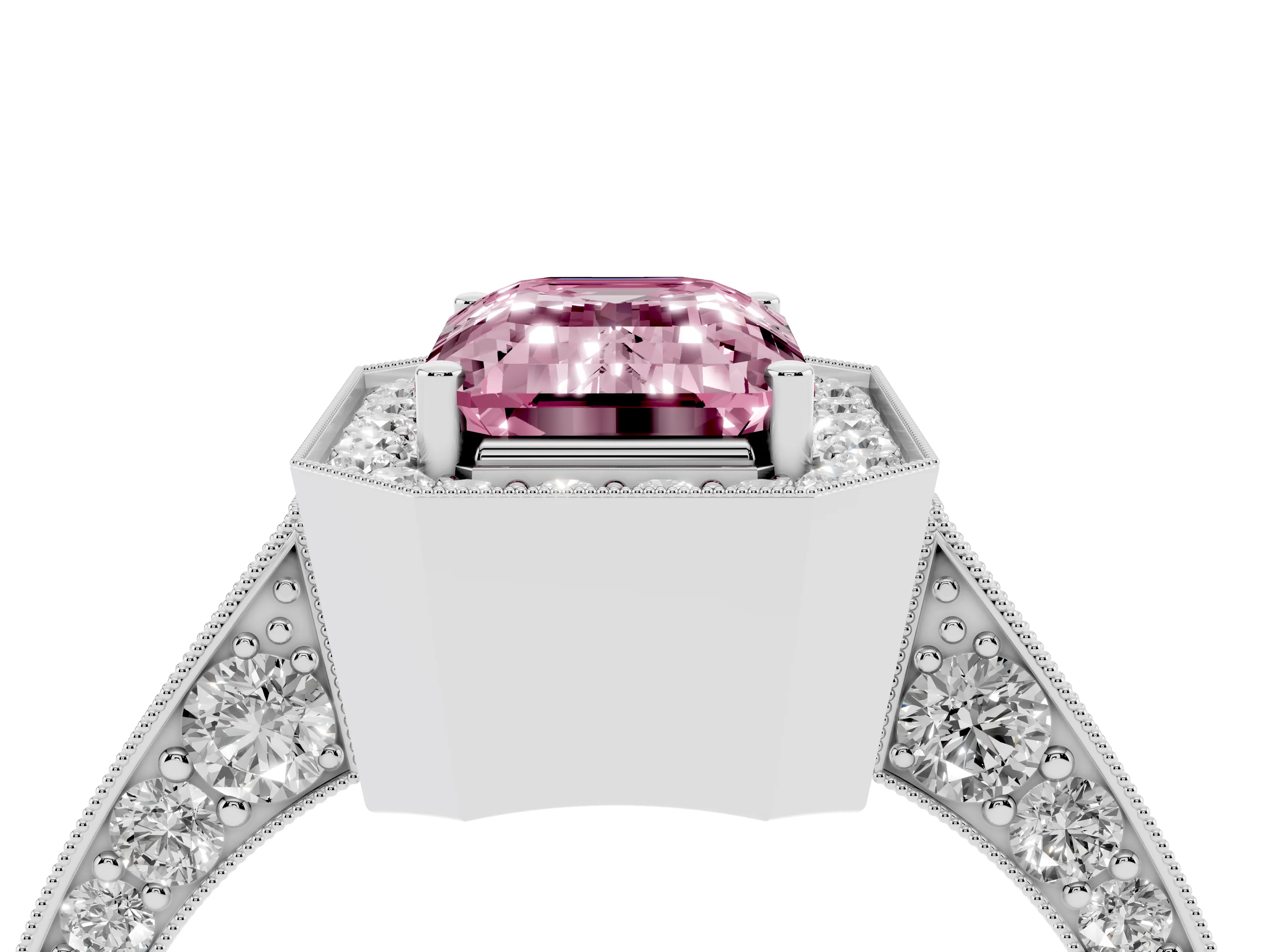 Fancy Pink Emerald Cut Diamond Halo Engagement Ring Set in Platinum with Accent Split Shank Band