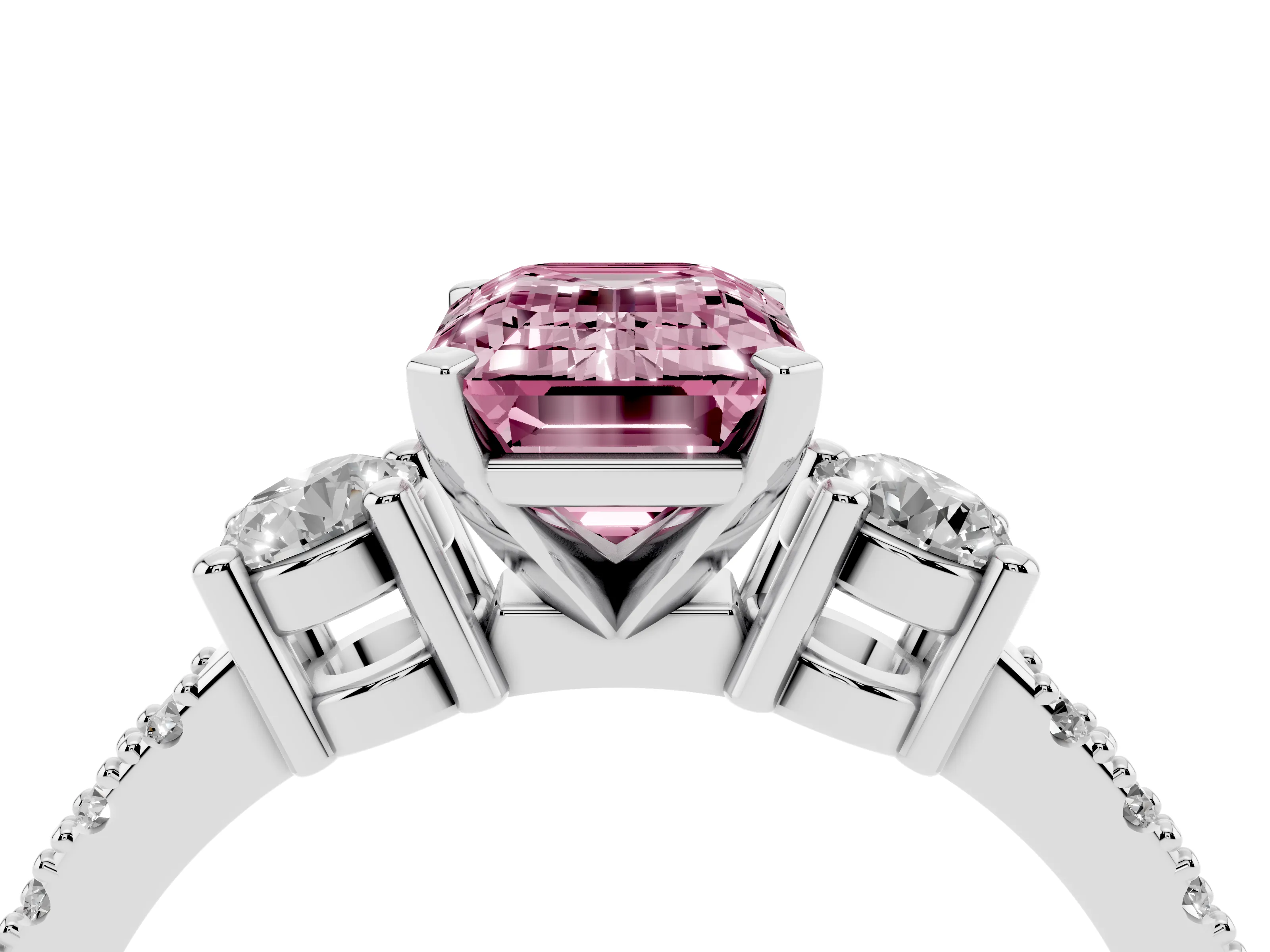 Fancy Pink Three-Stone Emerald Cut Diamond Pavé Band Ring Set in Platinum with Prong Setting