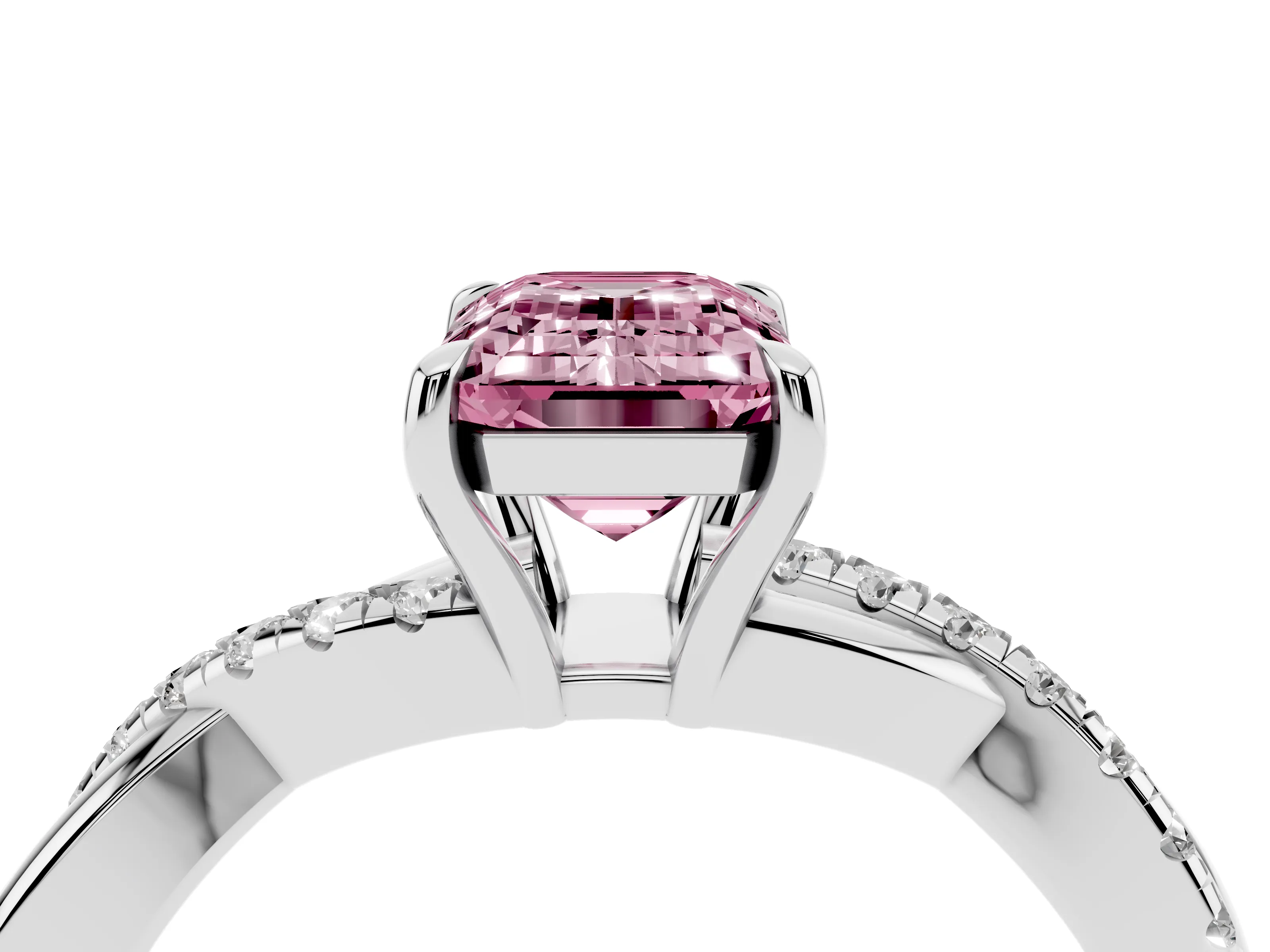 Fancy Pink Emerald Cut Diamond Twisted Pavé Band Ring Set in White gold with Prong Setting