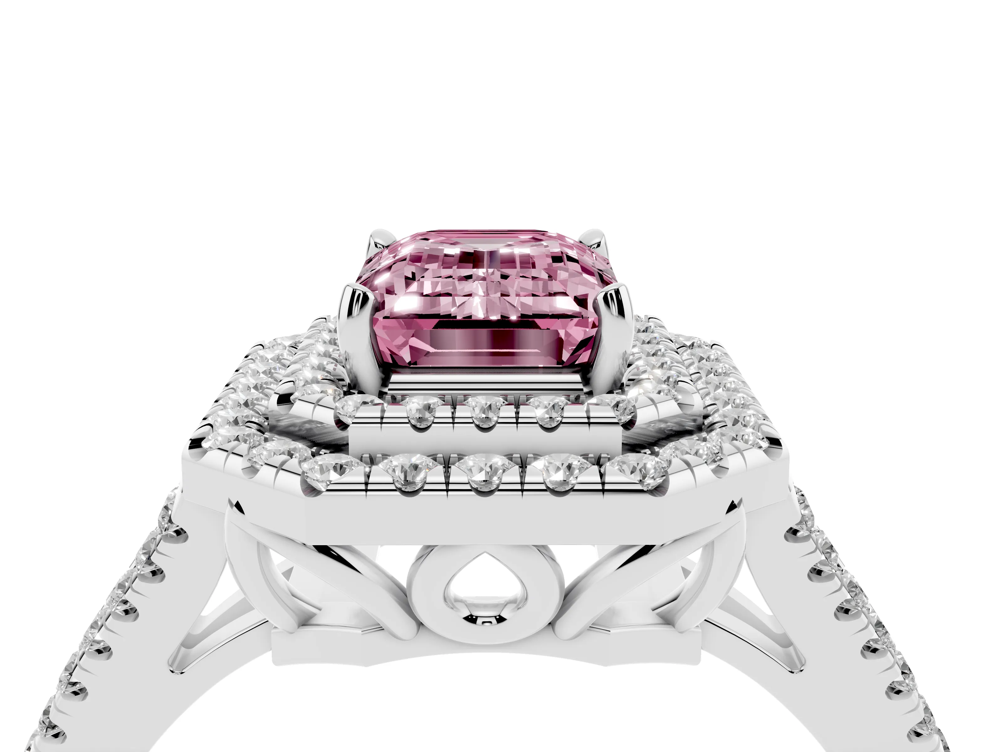 Fancy Pink Emerald Cut Diamond Double Halo Ring Set in Silver with Pavé Band