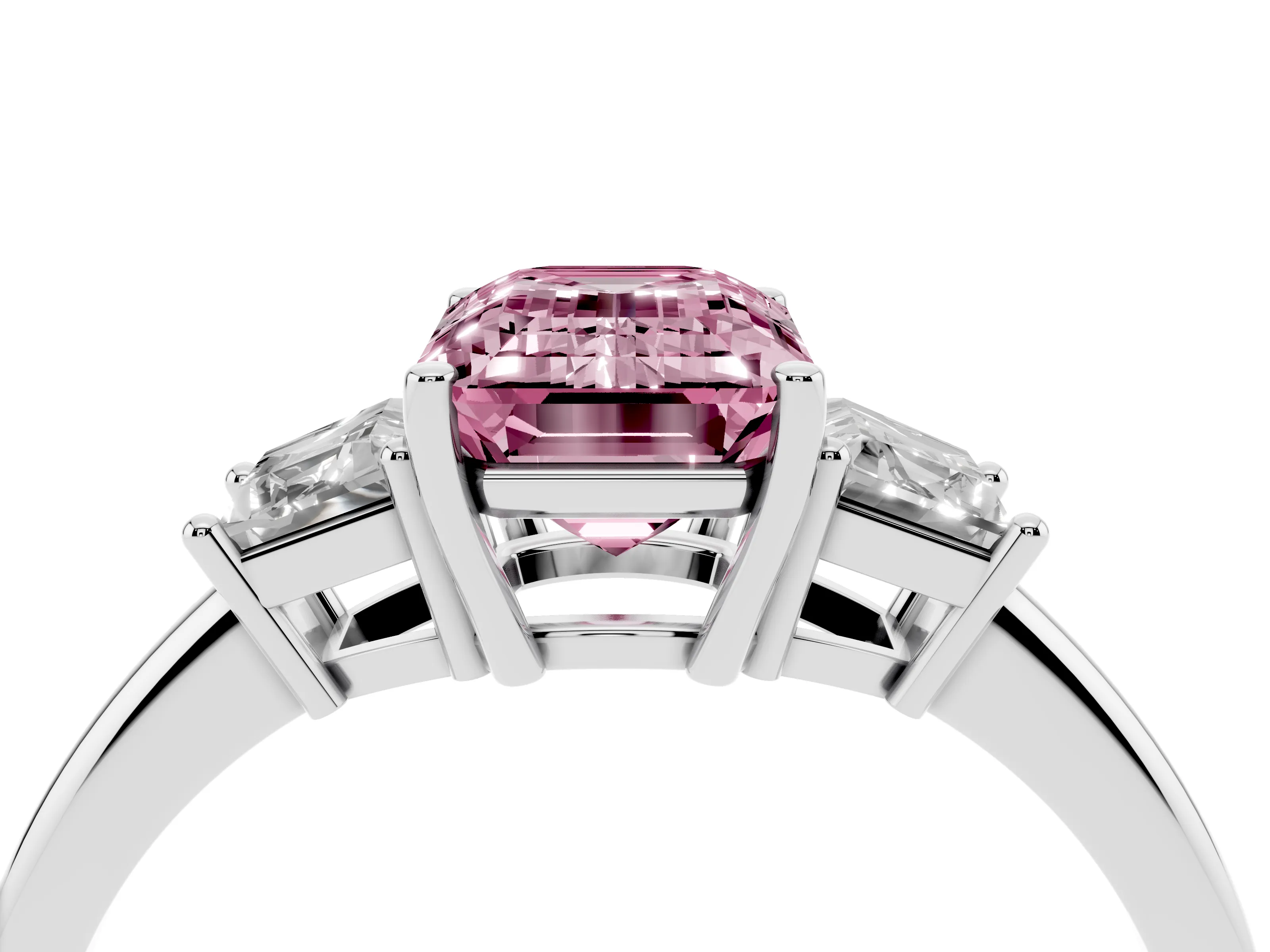 Fancy Pink Emerald Cut Diamond Three-Stone Ring Set in Platinum with Trapezoid Side Stones and Prong Setting