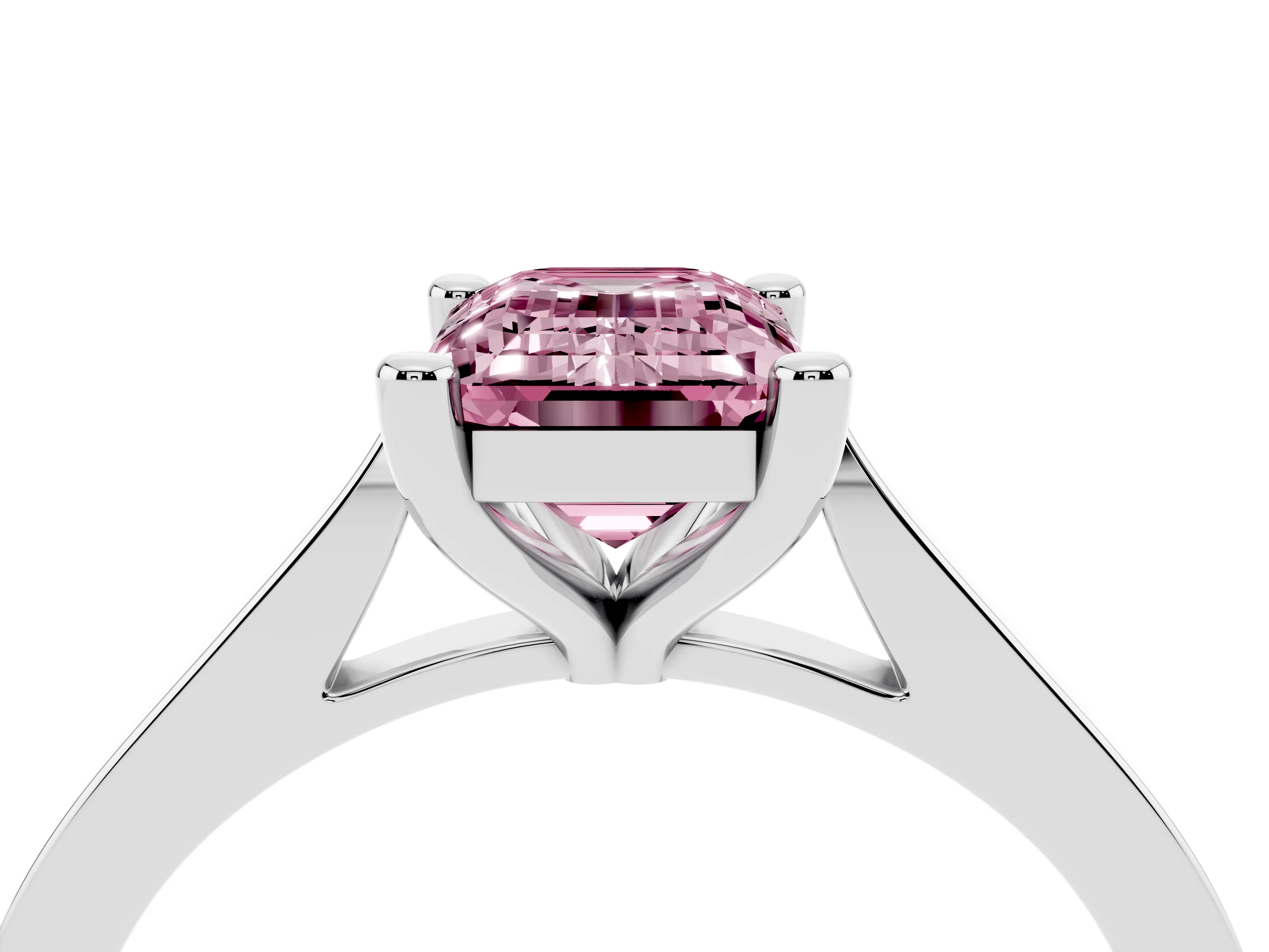 Fancy Pink Emerald Cut Diamond Solitaire Ring Set in Silver with Prong Setting and Tapered Band