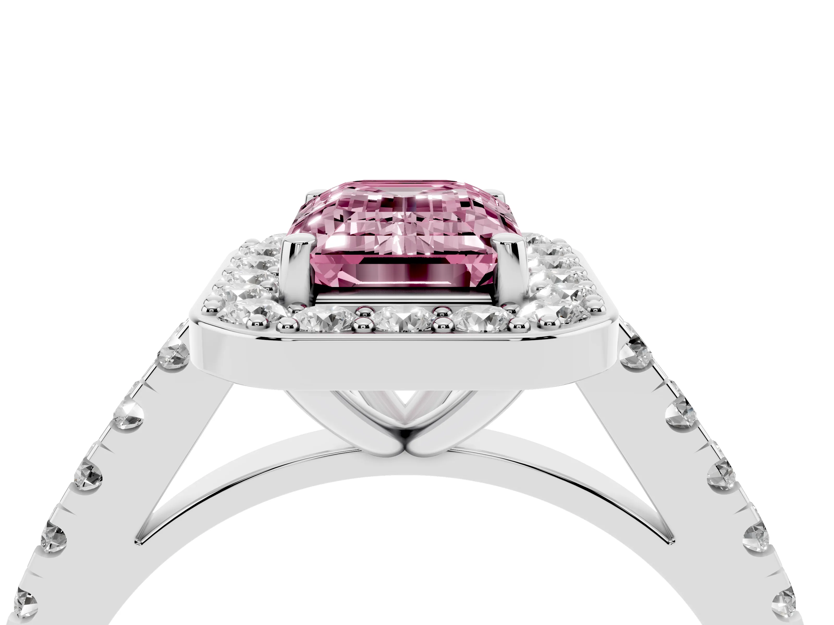 Fancy Pink Emerald Cut Diamond Halo Ring Set in Silver with Round Pavé Split Shank and Prong Setting