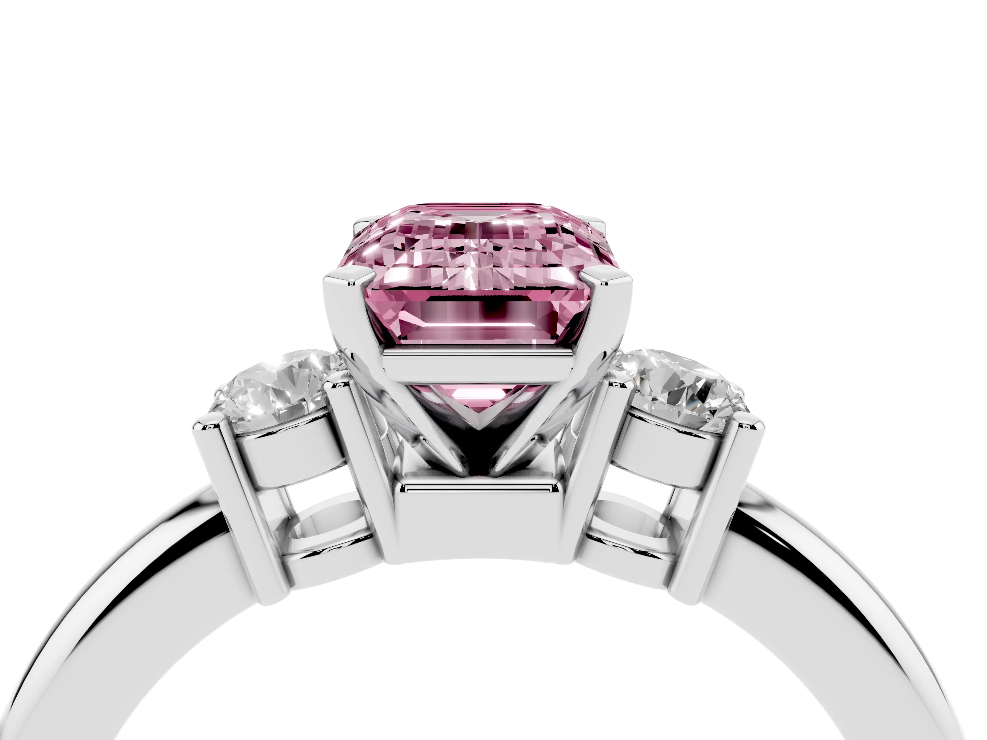 Fancy Pink Three-Stone Emerald Cut Diamond Ring Set in Silver with Prong Setting and Plain Band