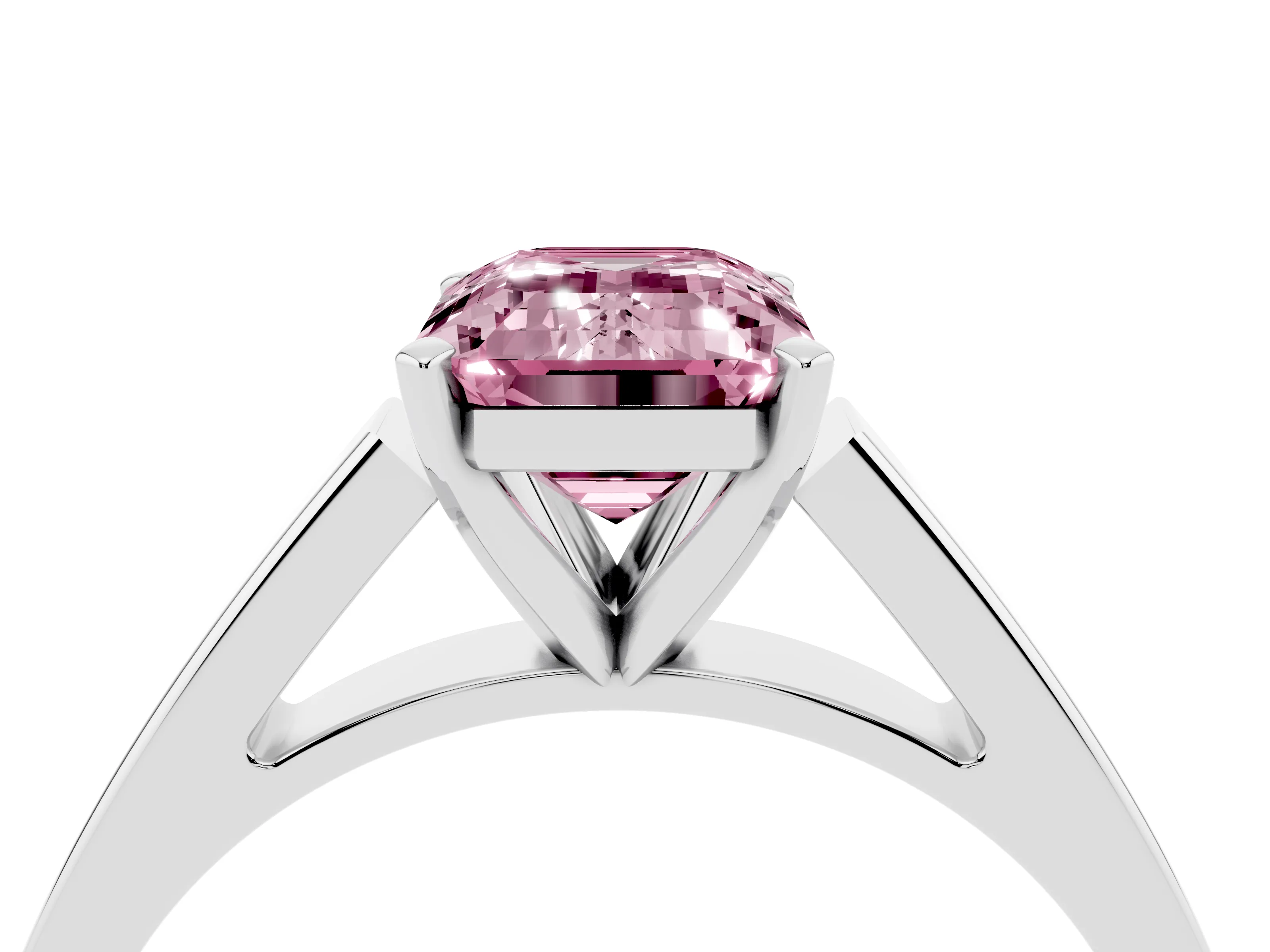 Fancy Pink Emerald Cut Diamond Solitaire Engagement Ring Set in White gold with Prong Setting and Tapered Band