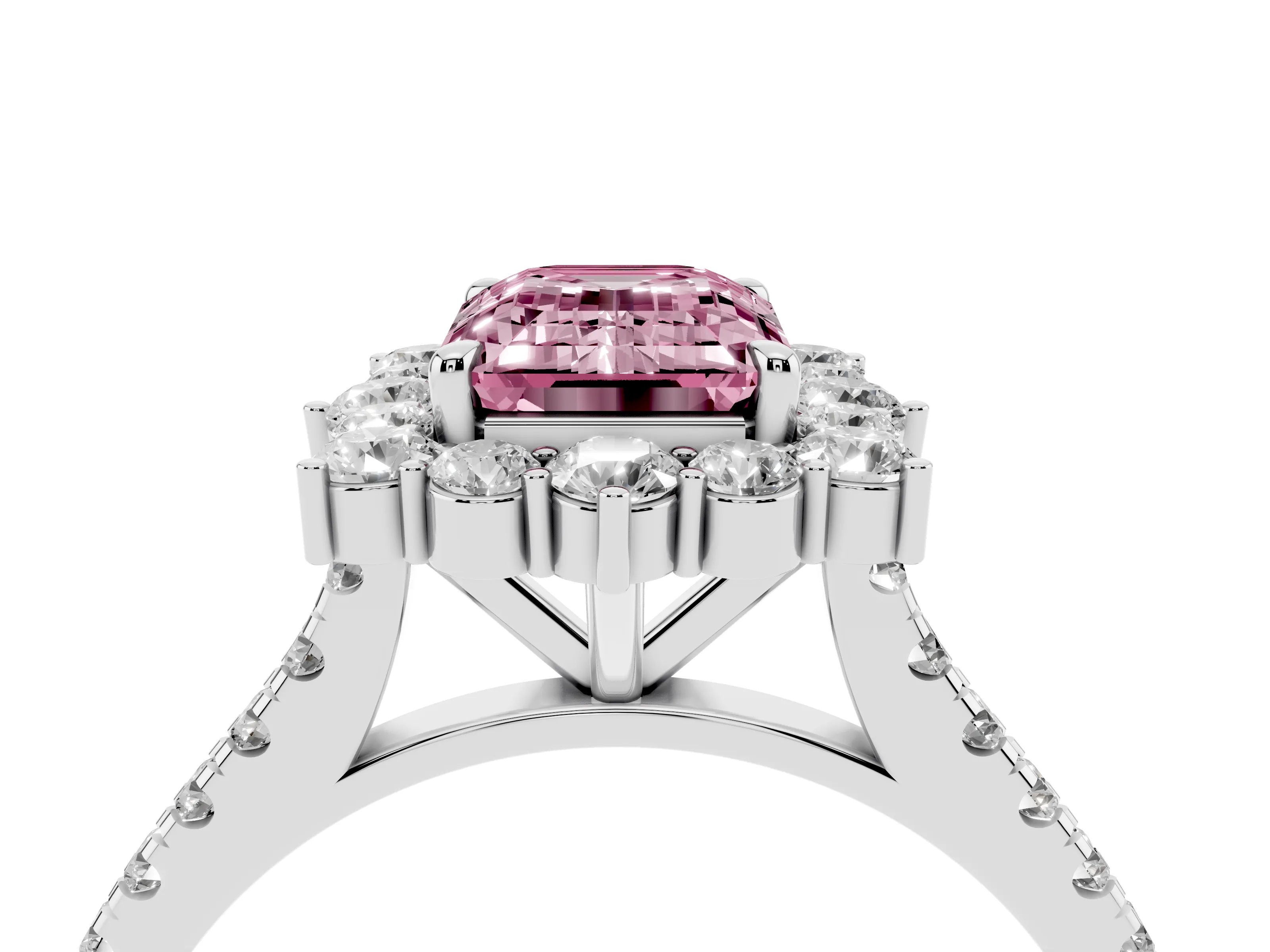 Fancy Pink Emerald Cut Diamond Halo Ring Set in Silver with Pavé Band and Prong Setting