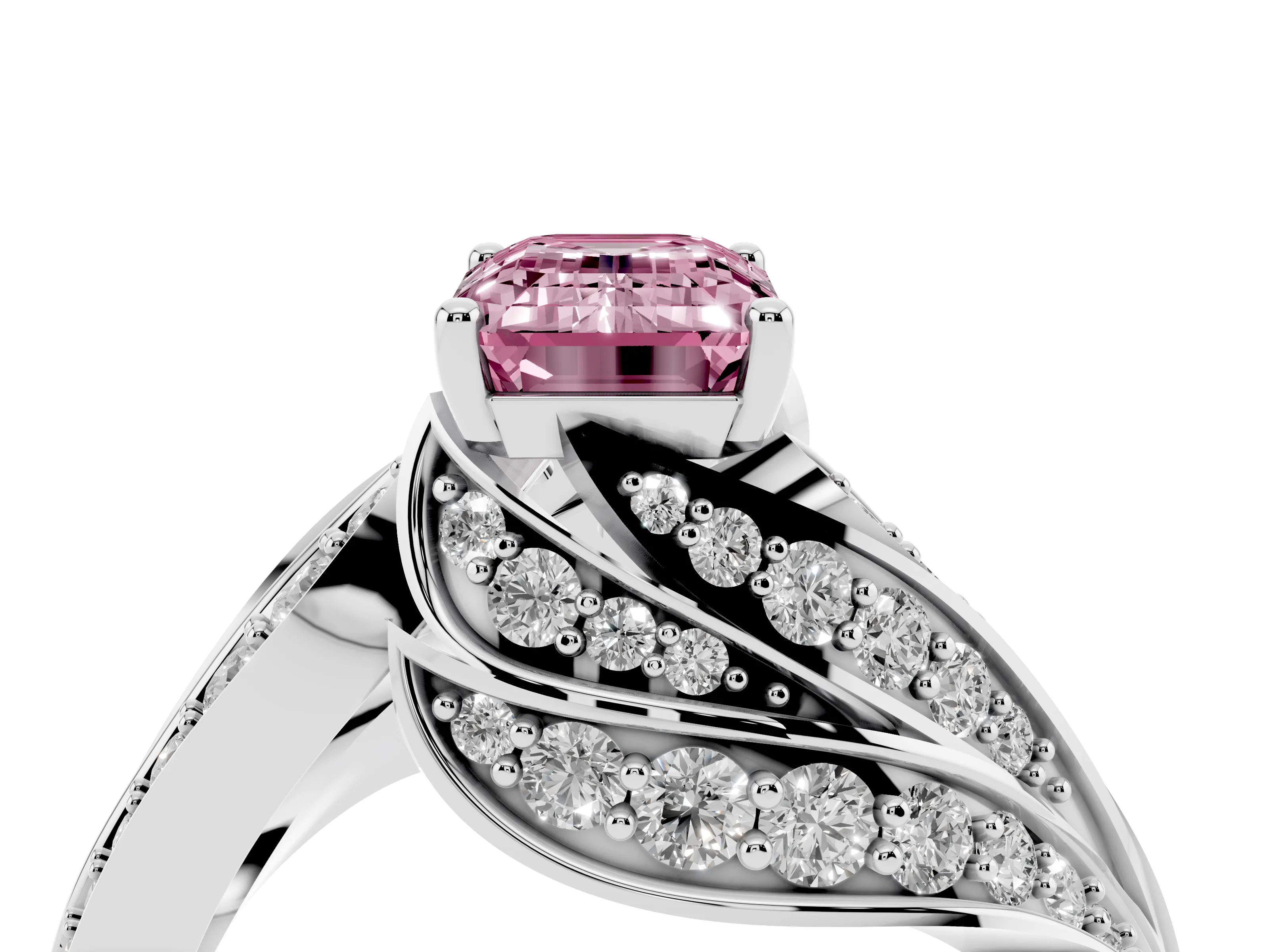Fancy Pink Emerald Cut Diamond Solitaire Ring Set in White gold with Layered Twist Pavé Band