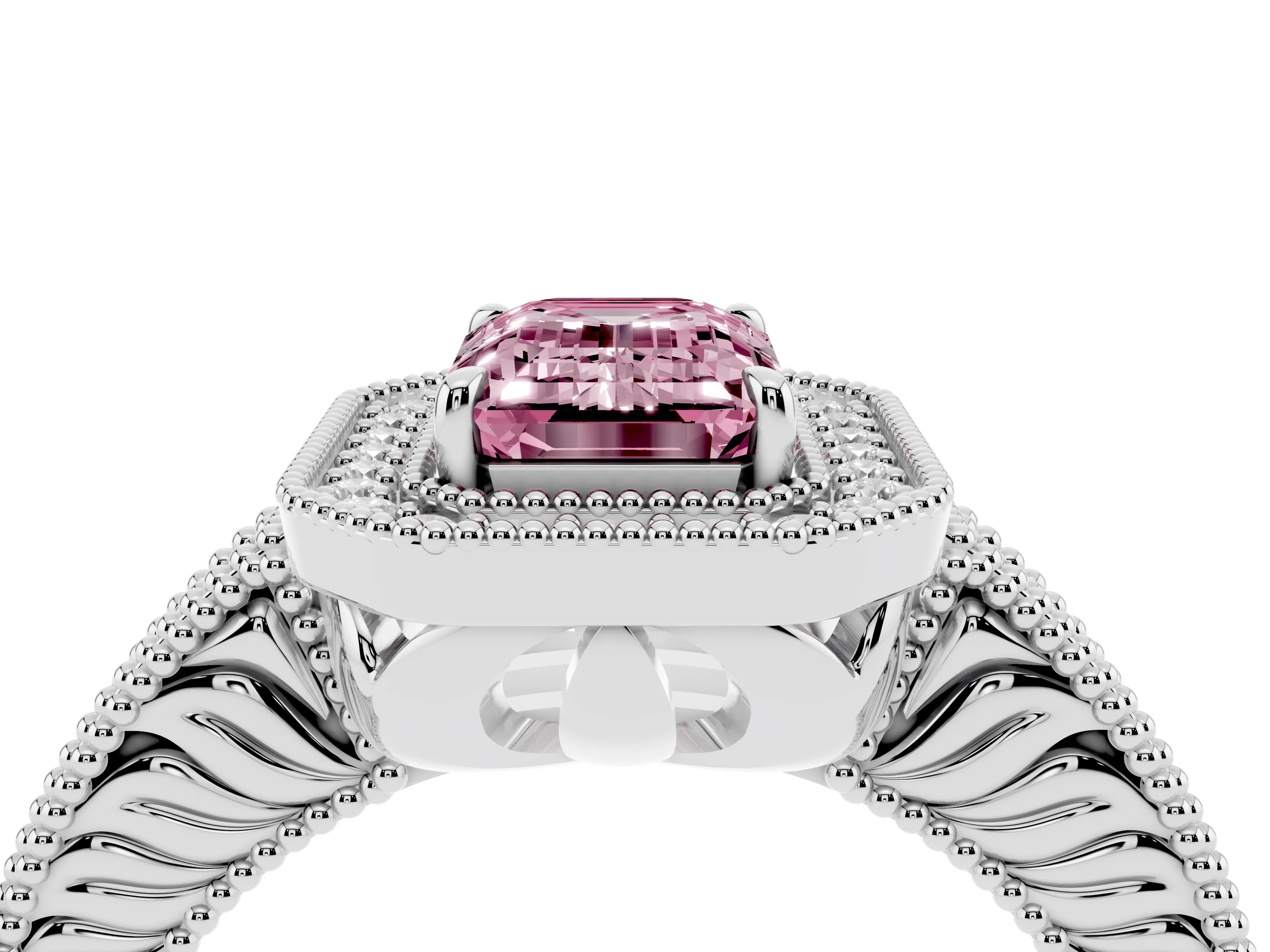 Fancy Pink Emerald Cut Diamond Halo Ring Set in White gold with Round Accent Halo, Pavé Band and Prong Setting