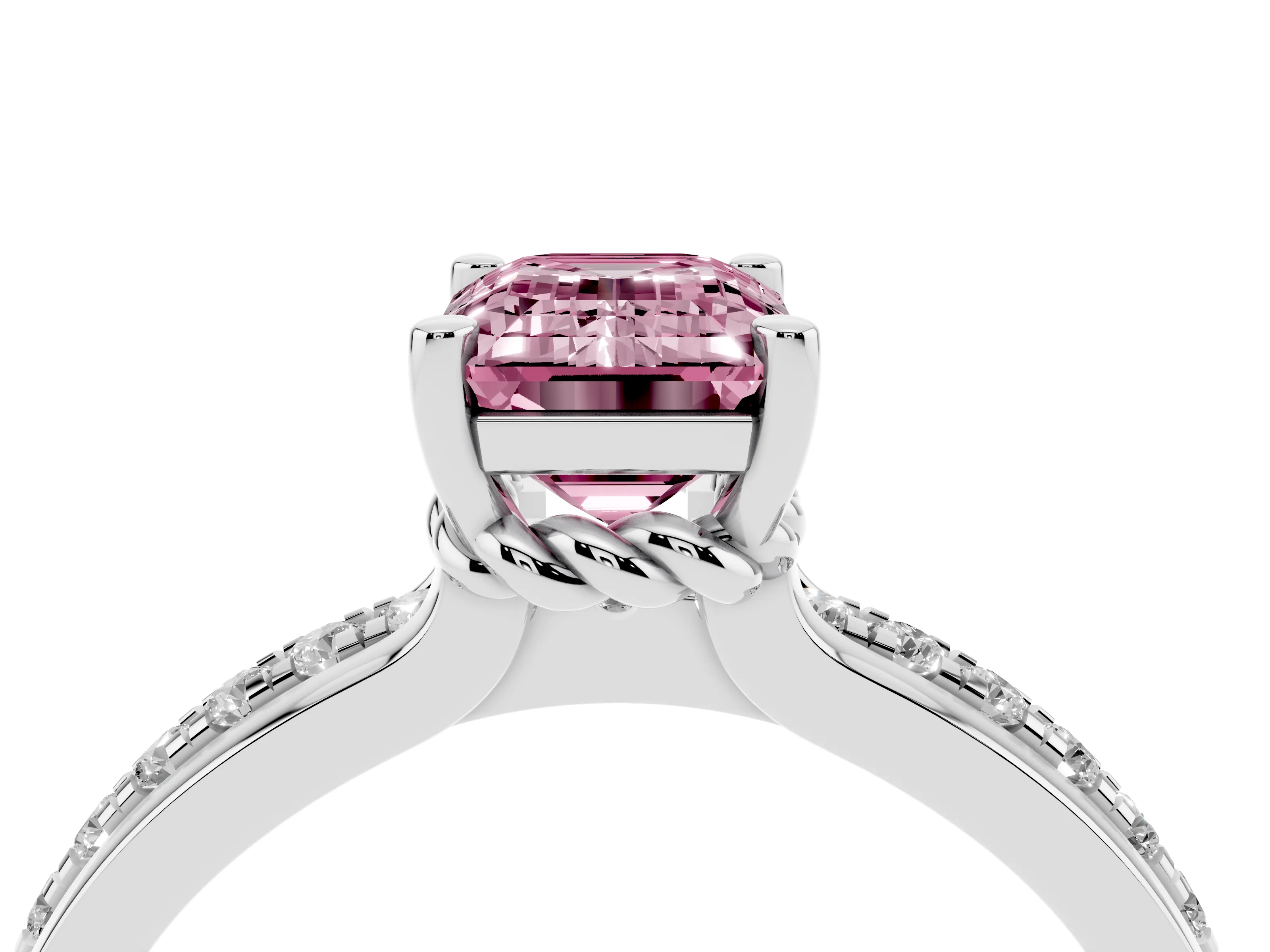 Fancy Pink Emerald Cut Diamond Solitaire Ring Set in Silver with Channel Set Band and Prong Setting