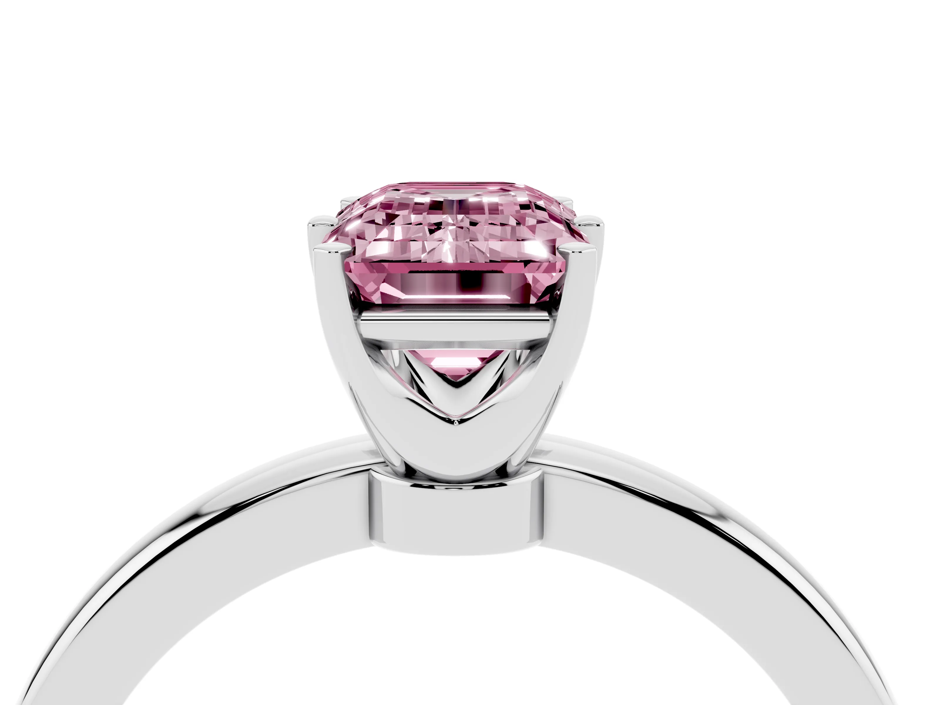 Fancy Pink Emerald Cut Diamond Solitaire Ring Set in Silver with Raised Prong Setting on a Classic Band
