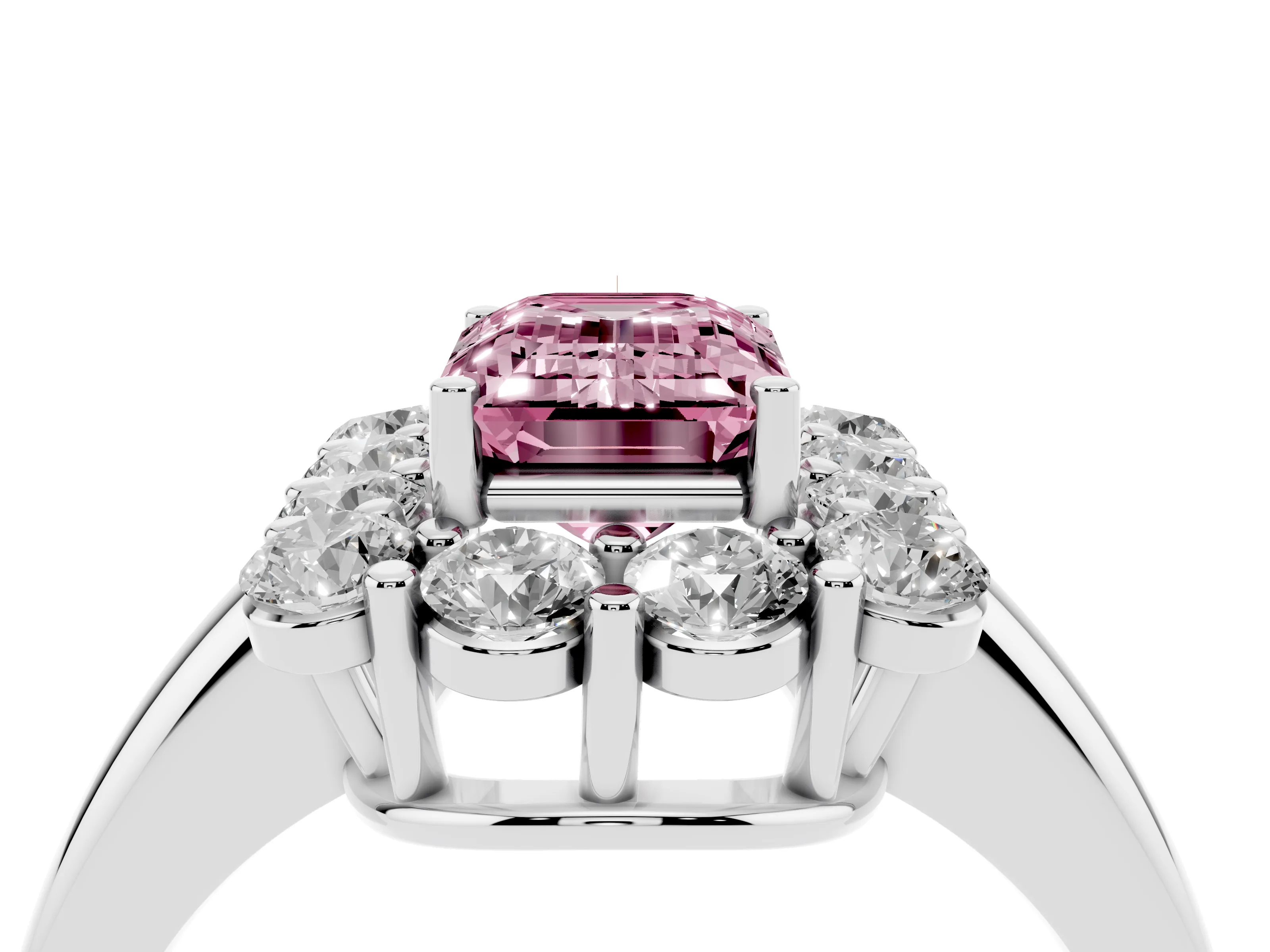 Fancy Pink Emerald Cut Diamond Halo Cluster Engagement Ring Set in White gold with Polished Band and Prong Setting