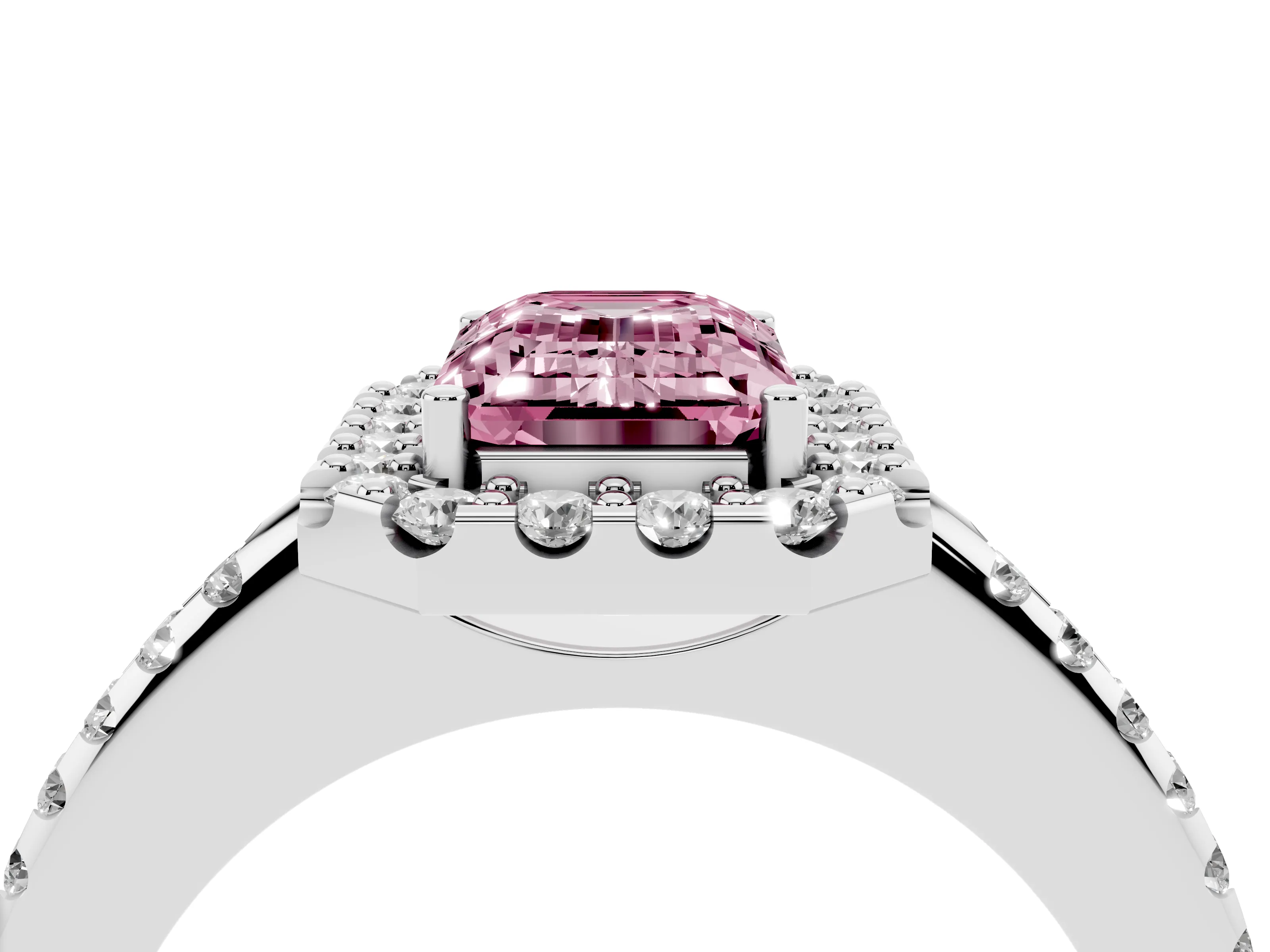 Fancy Pink Emerald Cut Diamond Pavé Halo Ring Set in Silver with Prong Setting