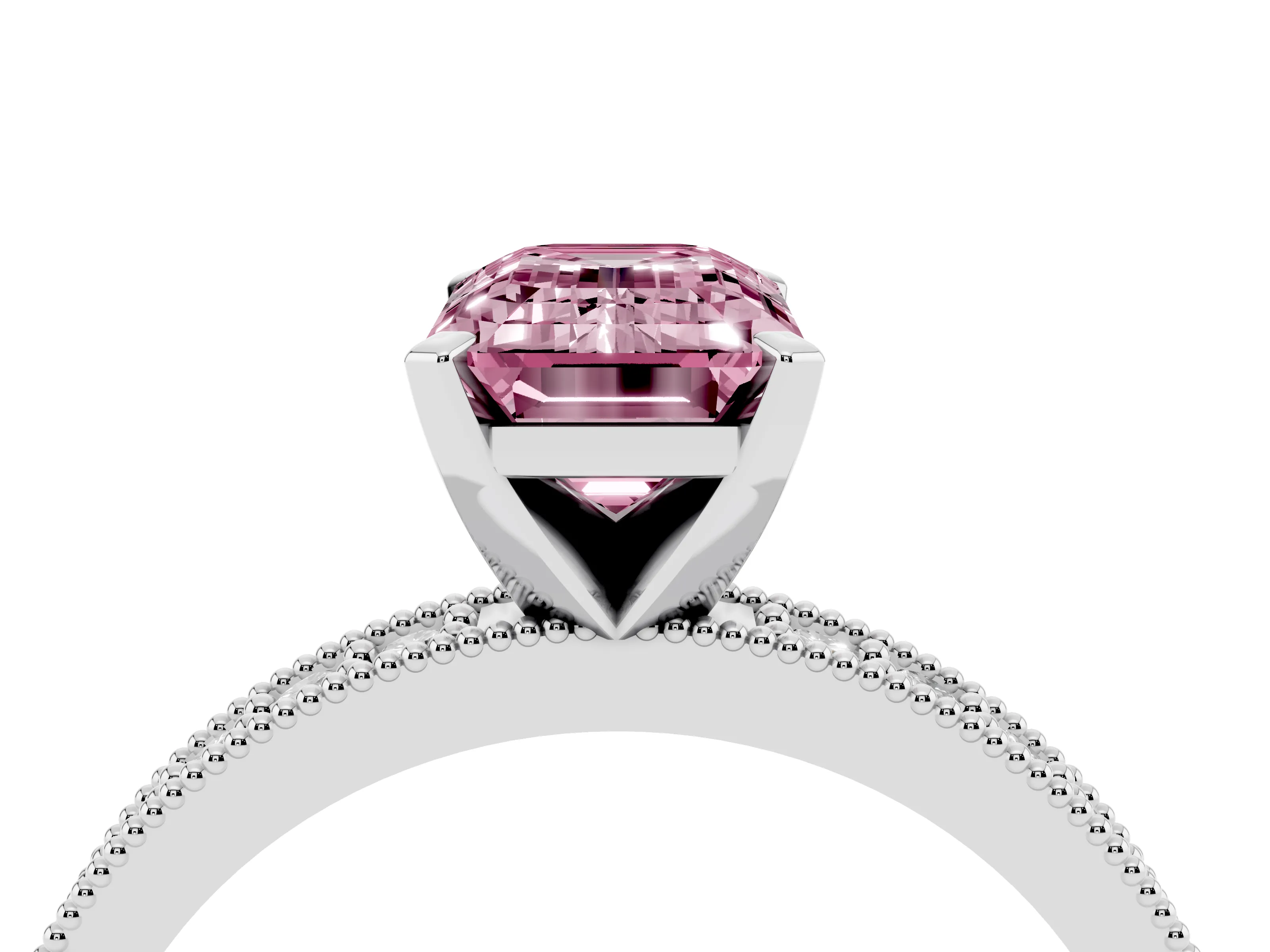 Fancy Pink Emerald Cut Diamond Milgrain Pavé Engagement Ring Set in Silver with Prong Setting