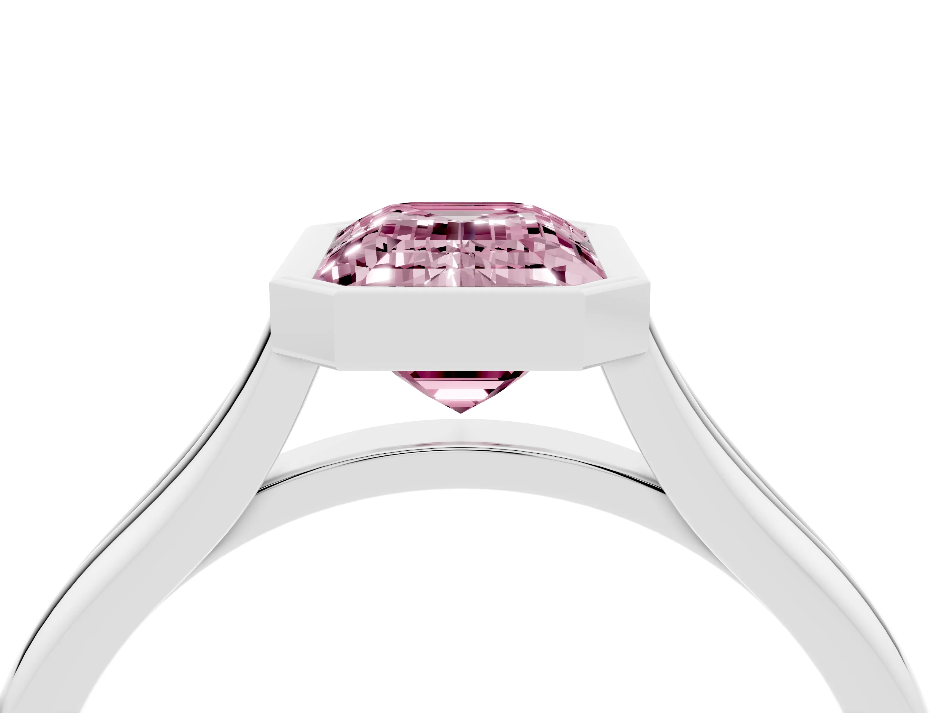 Fancy Pink Bezel Set Emerald Cut Diamond Solitaire Ring Set in Platinum with Tapered Band