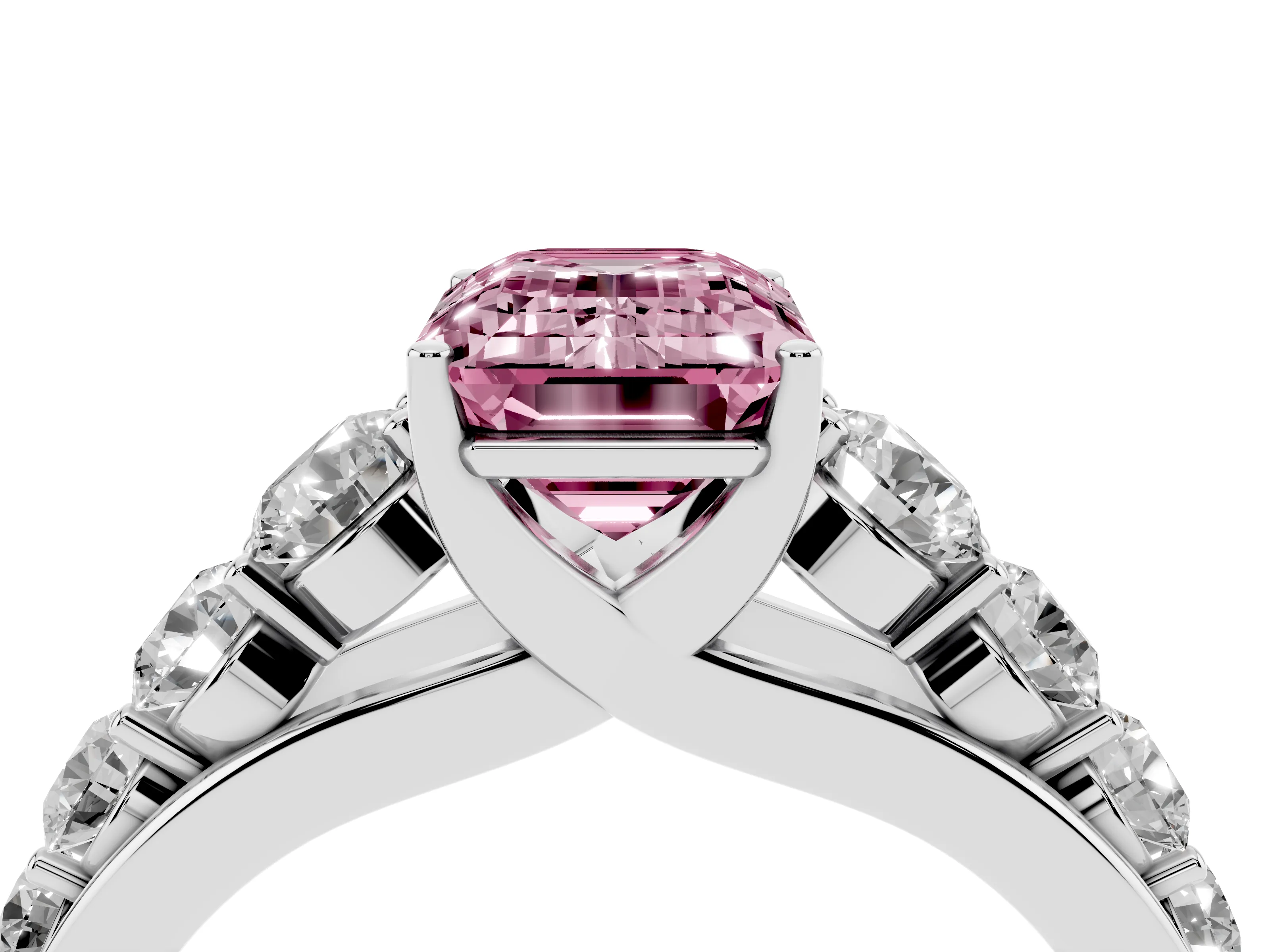 Fancy Pink Emerald Cut Diamond Solitaire Ring Set in White gold with Pavé-Set Band and Prong Setting