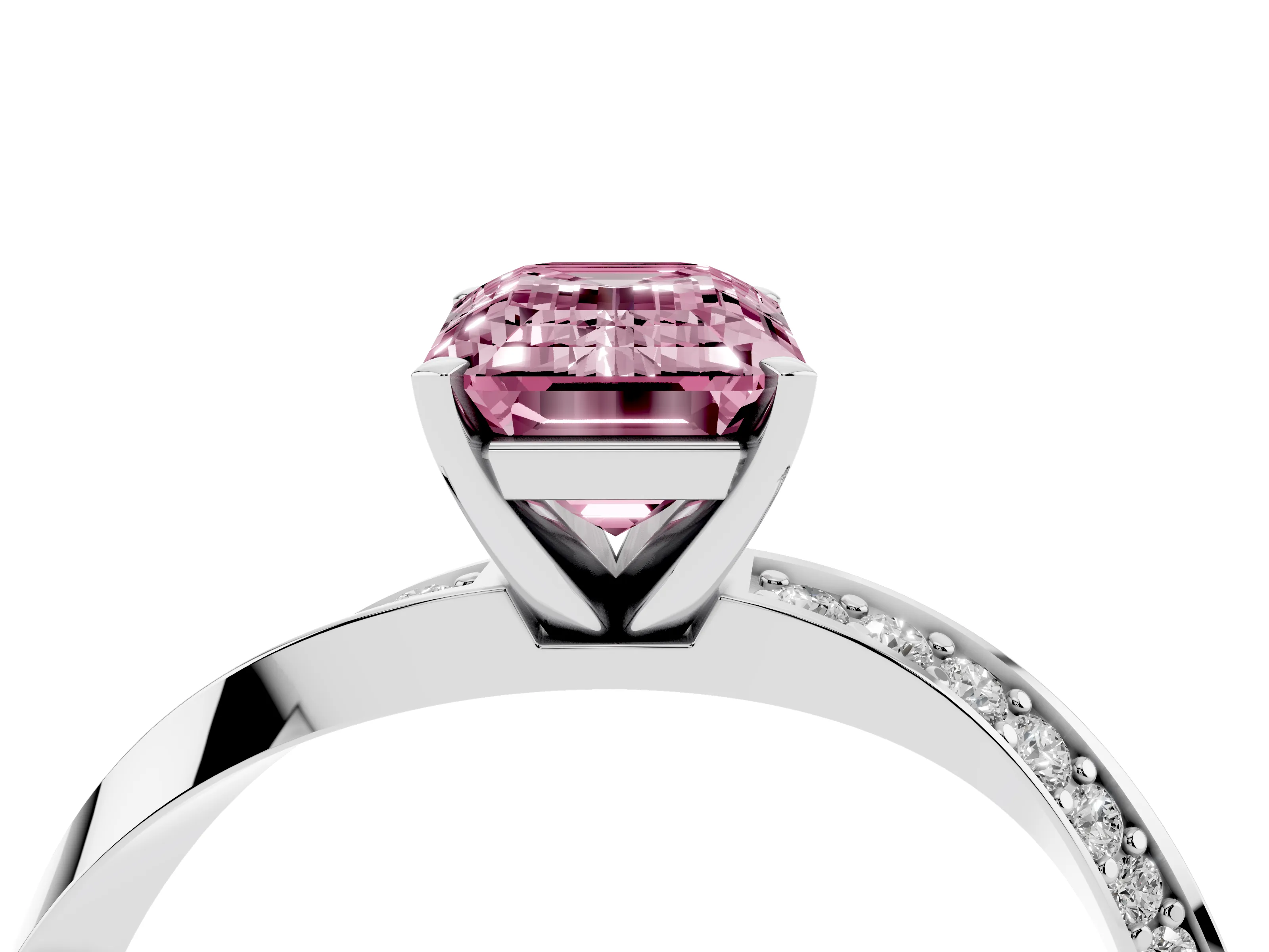 Fancy Pink Emerald Cut Diamond Engagement Ring Set in Platinum with Side Stone Accents and Prong Setting