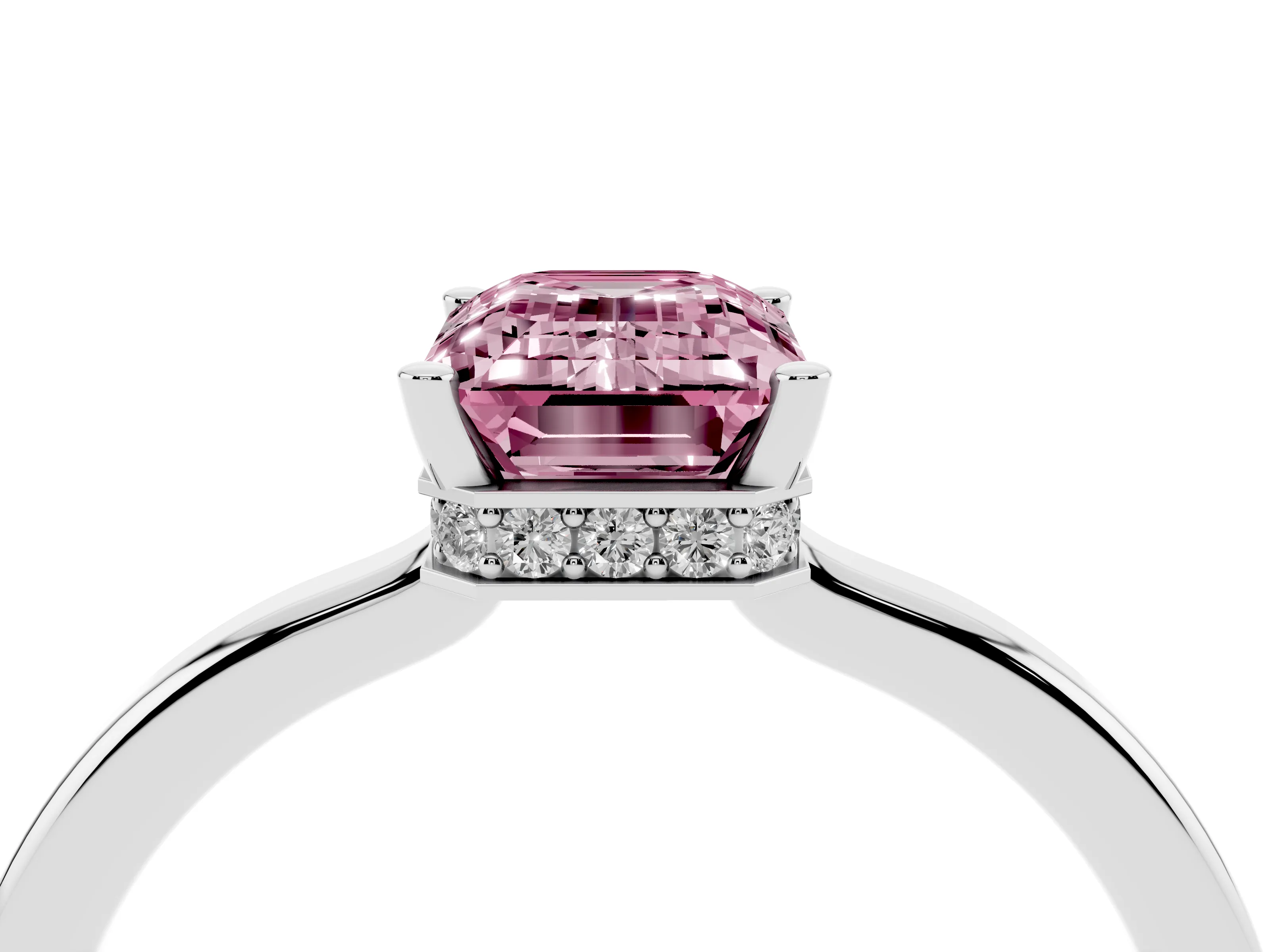Fancy Pink Emerald Cut Diamond Solitaire Engagement Ring Set in Platinum with Prong Setting on a Plain Band