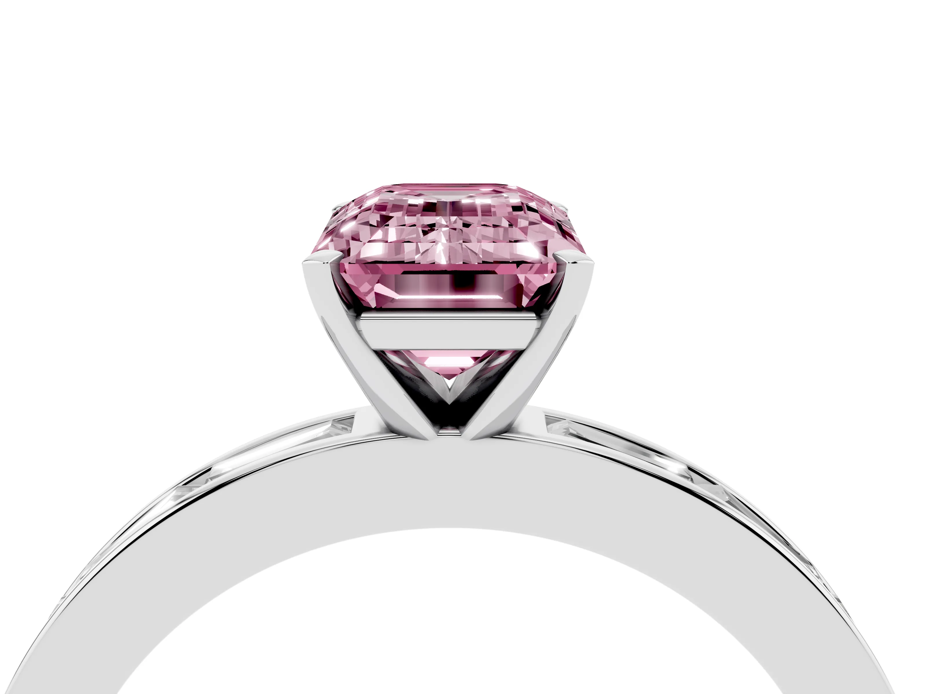 Fancy Pink Emerald Cut Diamond Solitaire Ring Set in White gold with Channel-Set Baguette Band and Prong Setting