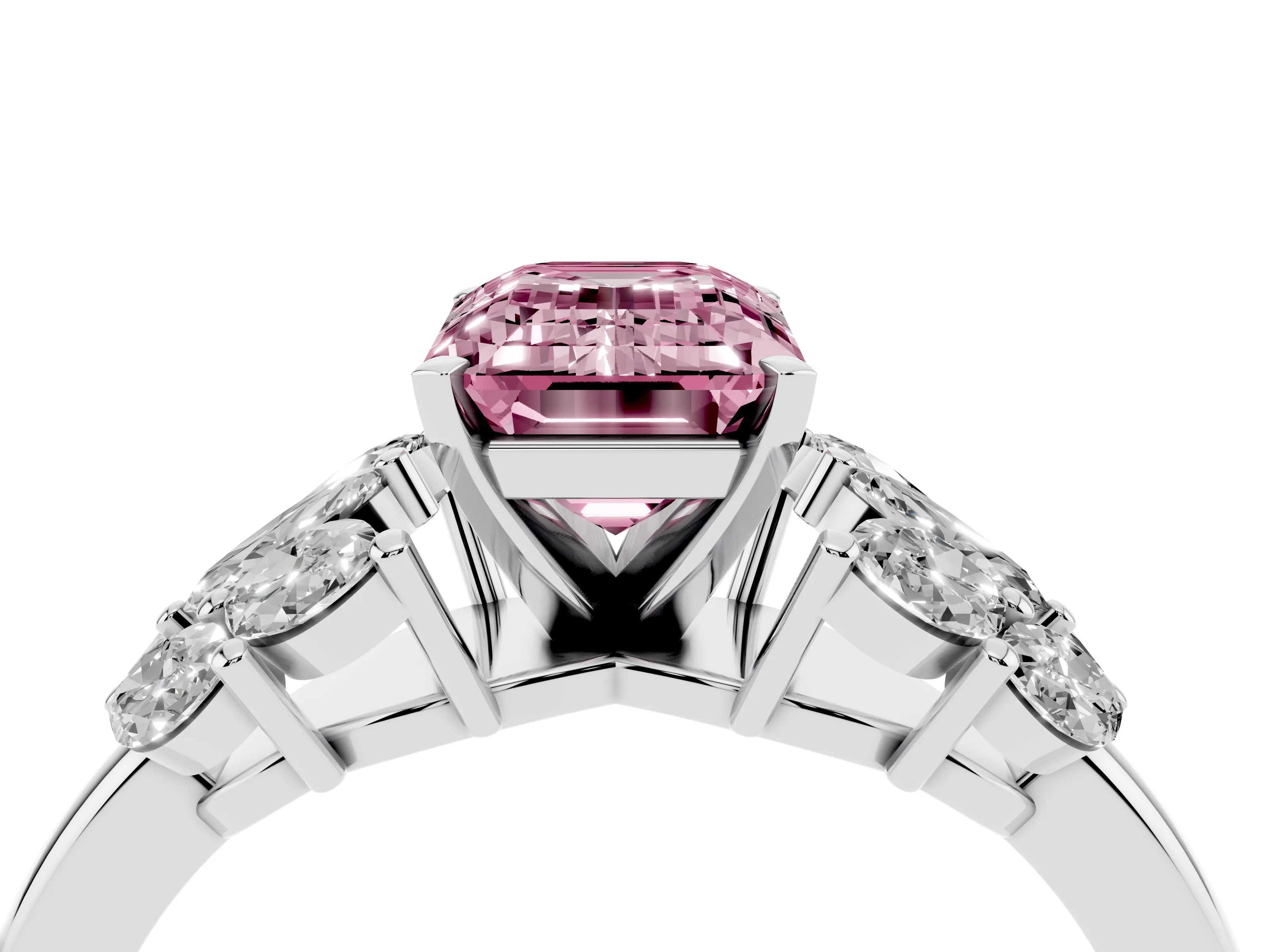 Fancy Pink Emerald Cut Diamond Cluster Leaf Design Ring Set in Platinum with Prong Setting