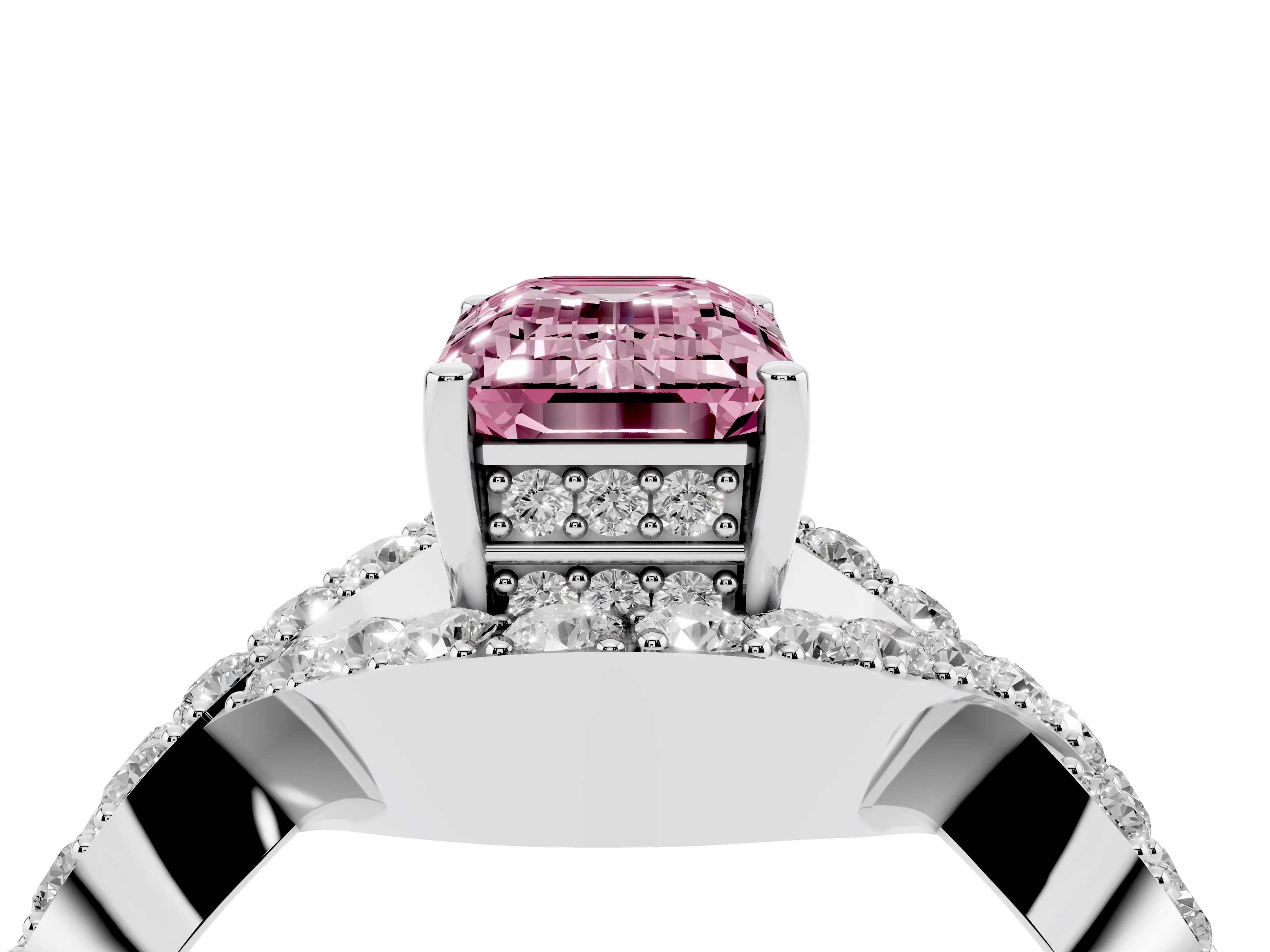 Fancy Pink Emerald Cut Diamond Solitaire Twist Band Pavé Engagement Ring Set in Silver