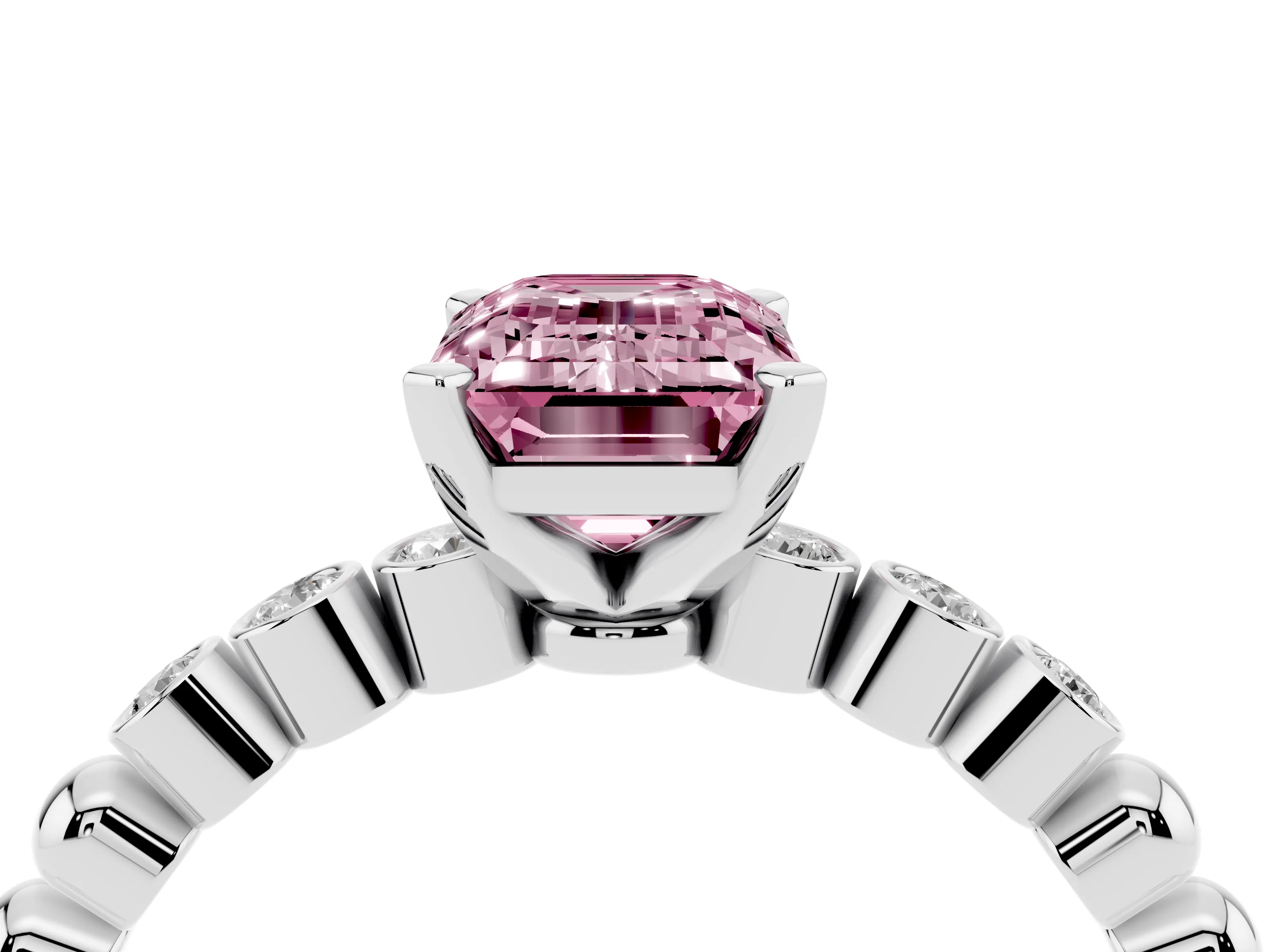 Fancy Pink Emerald Cut Diamond Solitaire Engagement Ring Set in Silver with Bezel Accents on Beaded Band