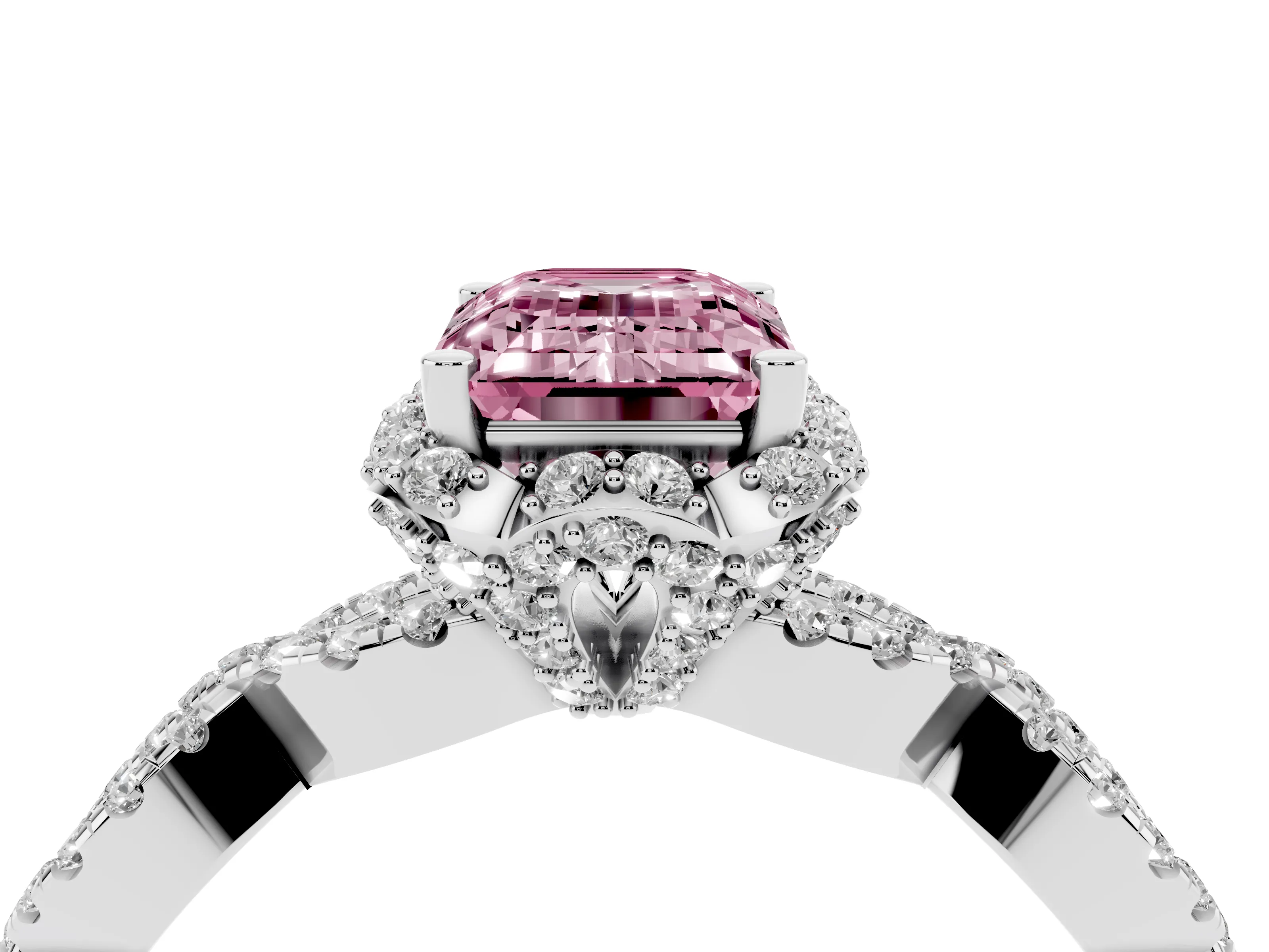 Fancy Pink Emerald Cut Diamond Halo Twist Band Solitaire Ring Set in Platinum with Prong-Set Center Stone