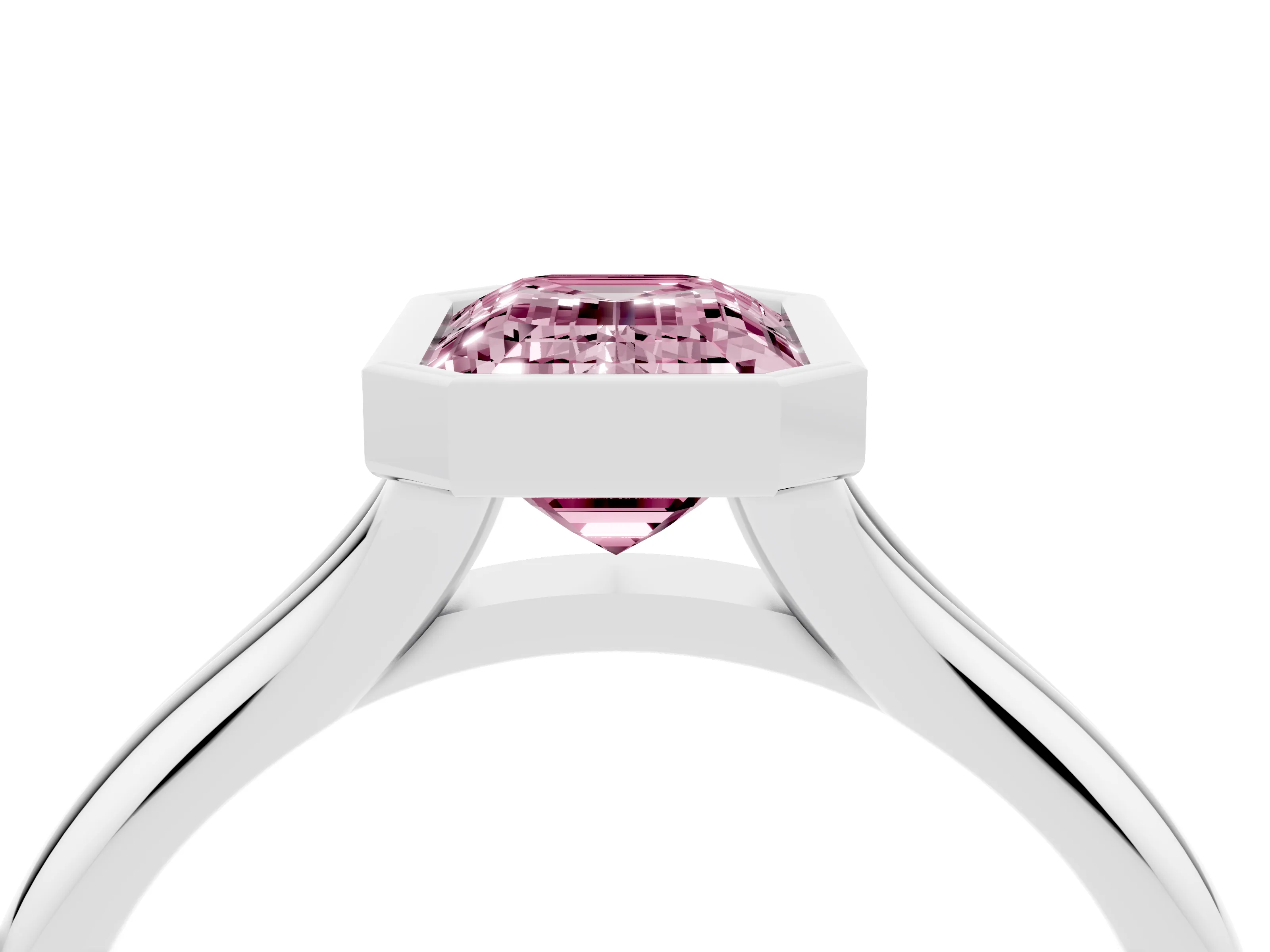 Fancy Pink Bezel Set Emerald Cut Diamond Solitaire Ring Set in White gold with Smooth Band