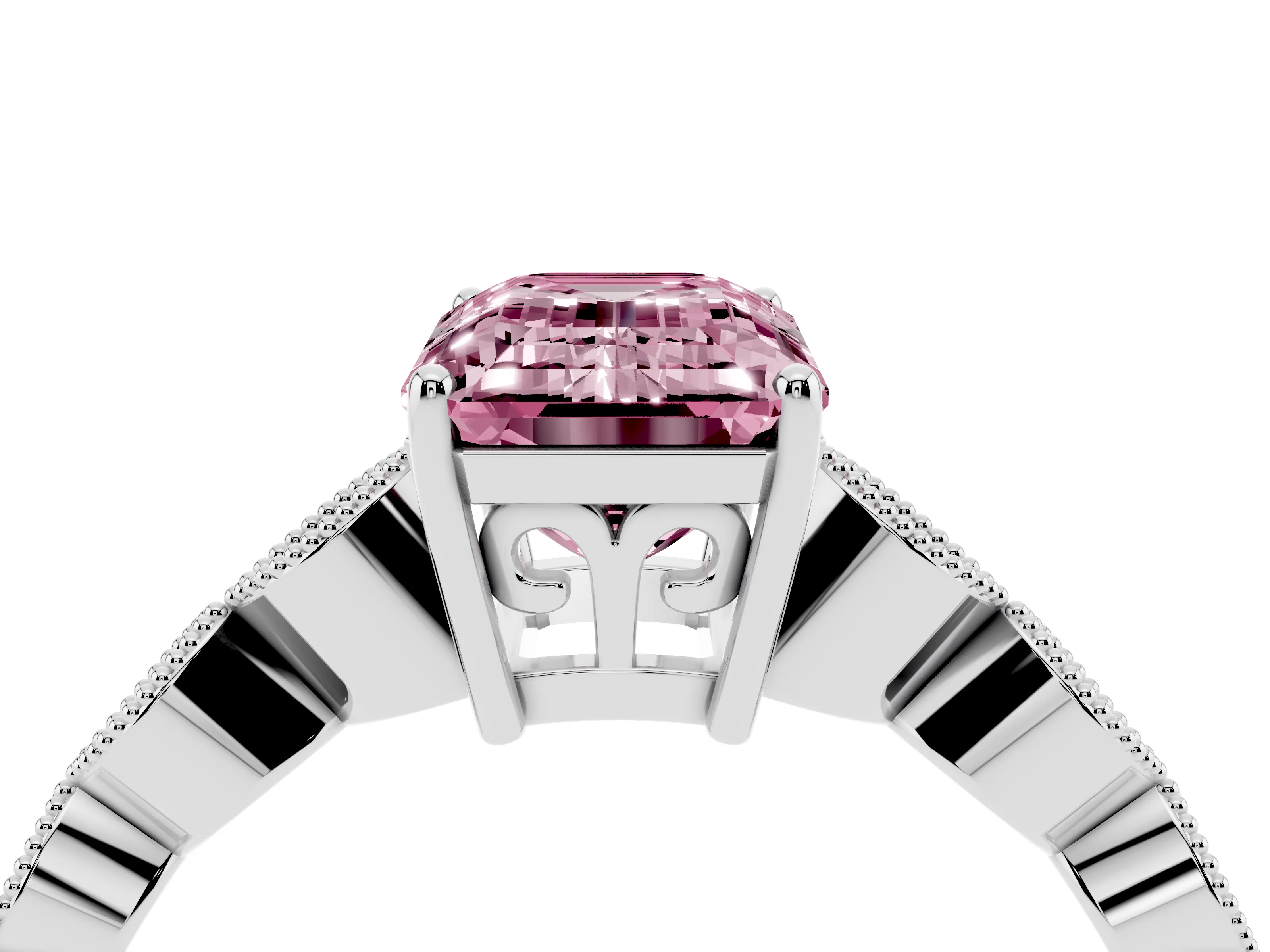 Fancy Pink Emerald Cut Diamond Solitaire Ring Set in Silver with Infinity Twist Pavé Band