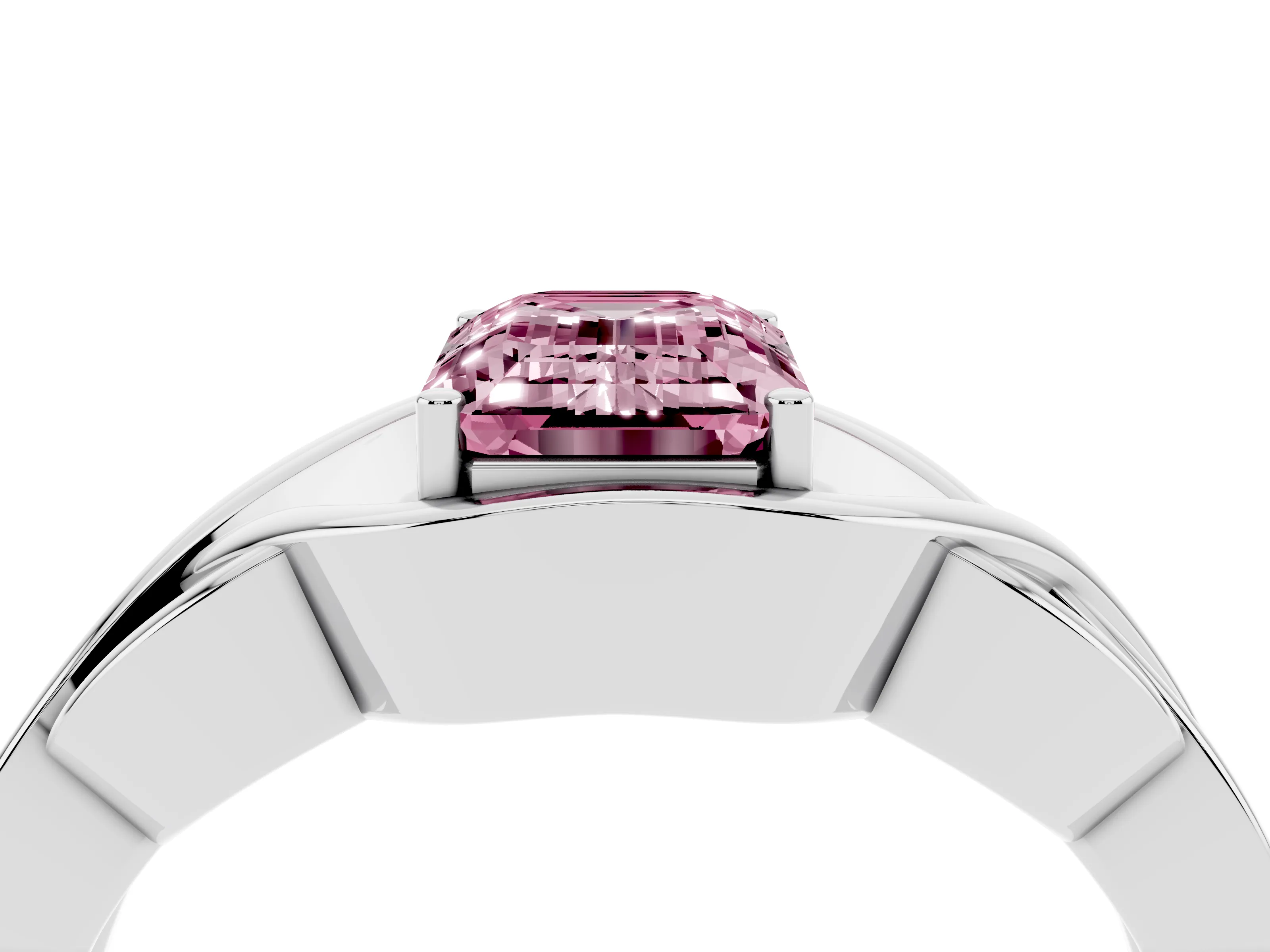 Fancy Pink Emerald Cut Diamond Solitaire Ring Set in Platinum with Intertwined Band