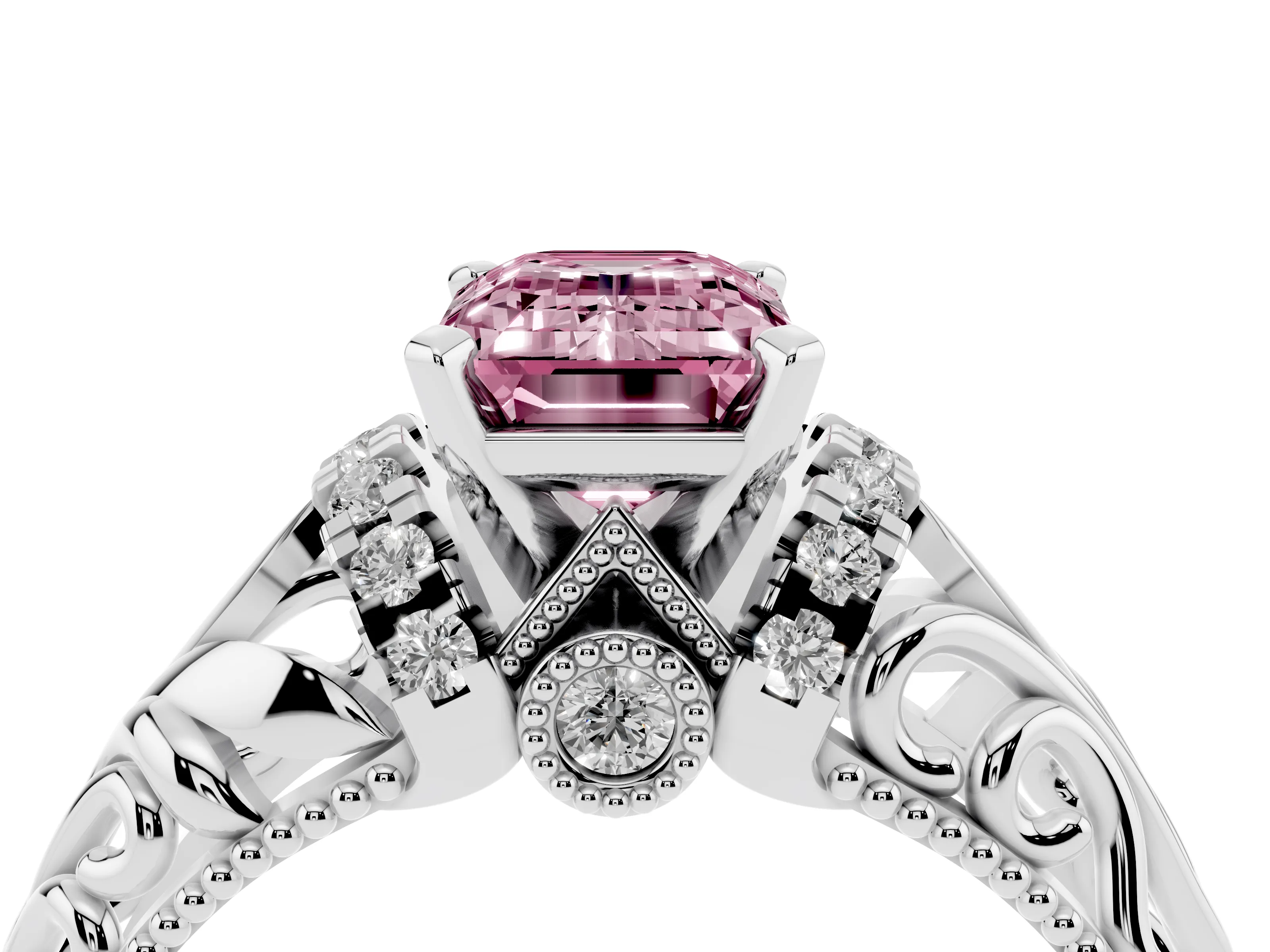 Fancy Pink Emerald Cut Diamond Filigree Halo Engagement Ring Set in White gold with Prong Setting