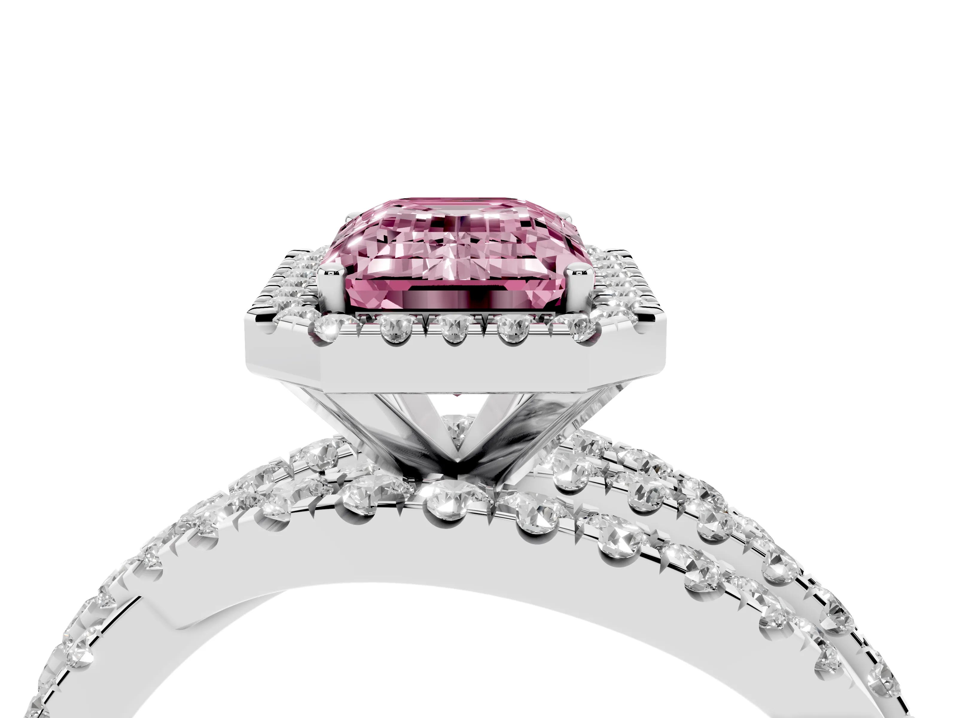Fancy Pink Emerald Cut Diamond Halo Ring Set in Platinum with Round Crossover Split Shank and Prong Setting