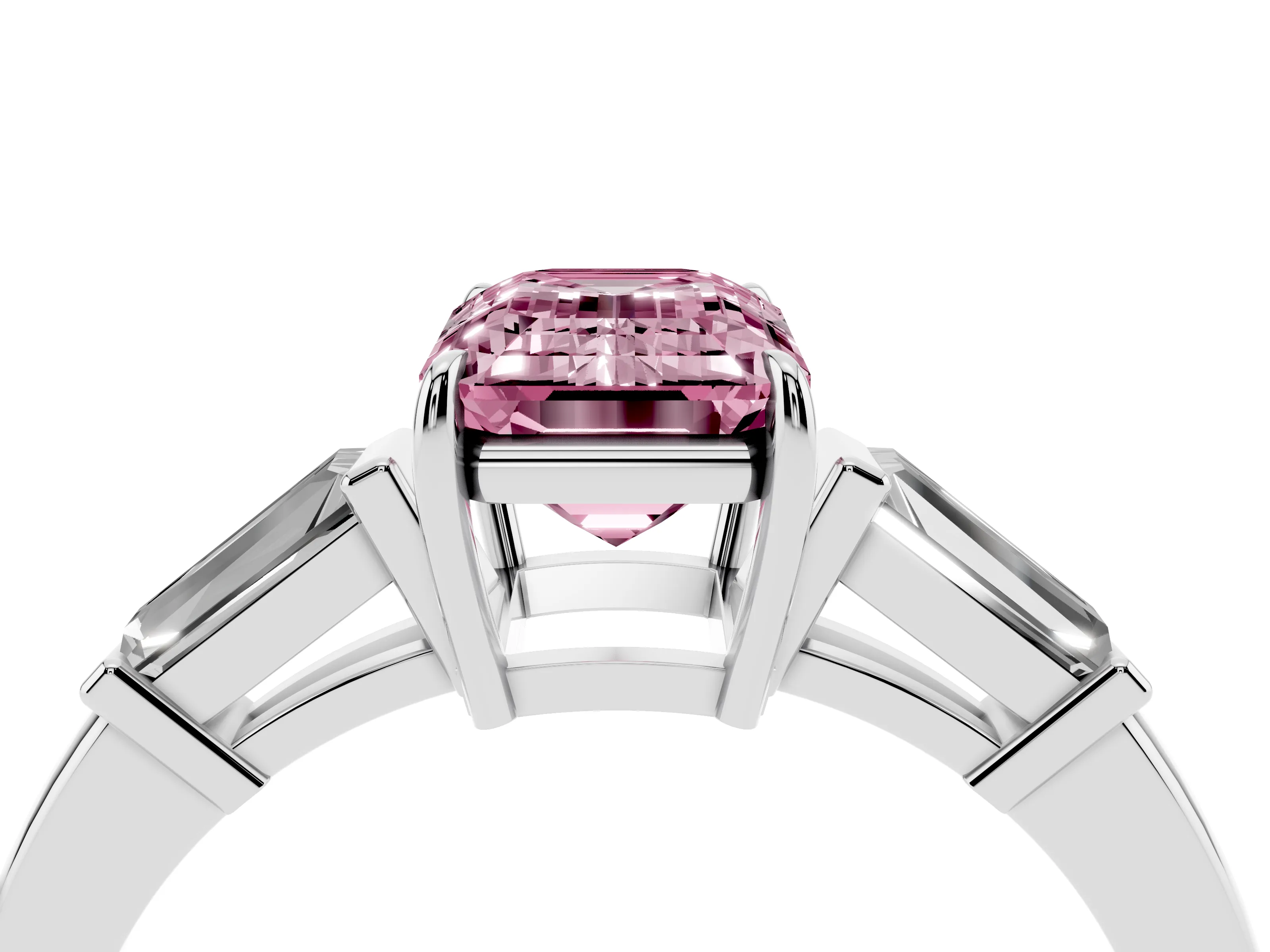Fancy Pink Emerald Cut Diamond Three-Stone Ring Set in Platinum with Tapered Baguette Side Stones and Prong Setting
