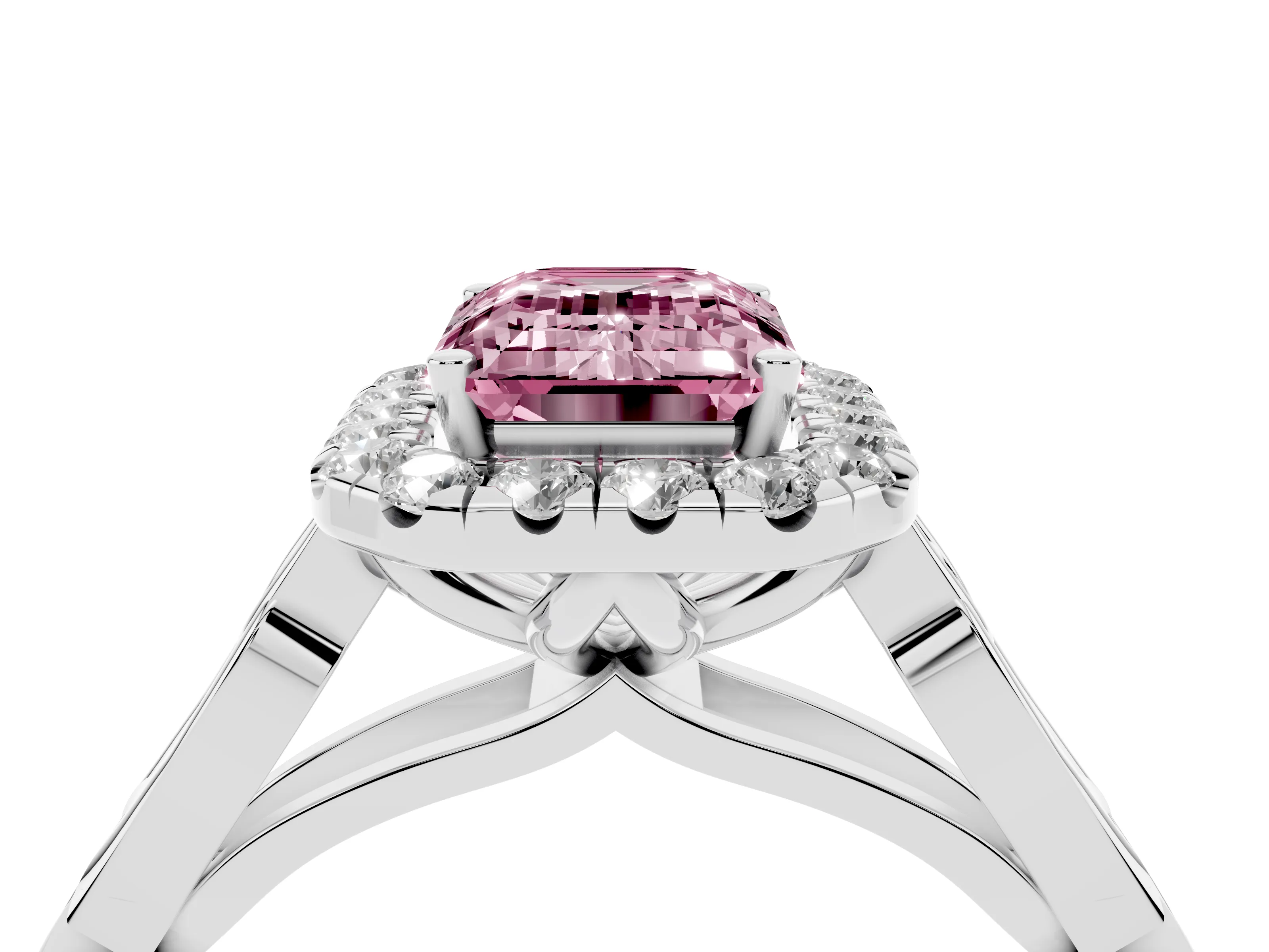 Fancy Pink Emerald Cut Diamond Halo Engagement Ring Set in Platinum with Filigree Band and Prong-Set Center