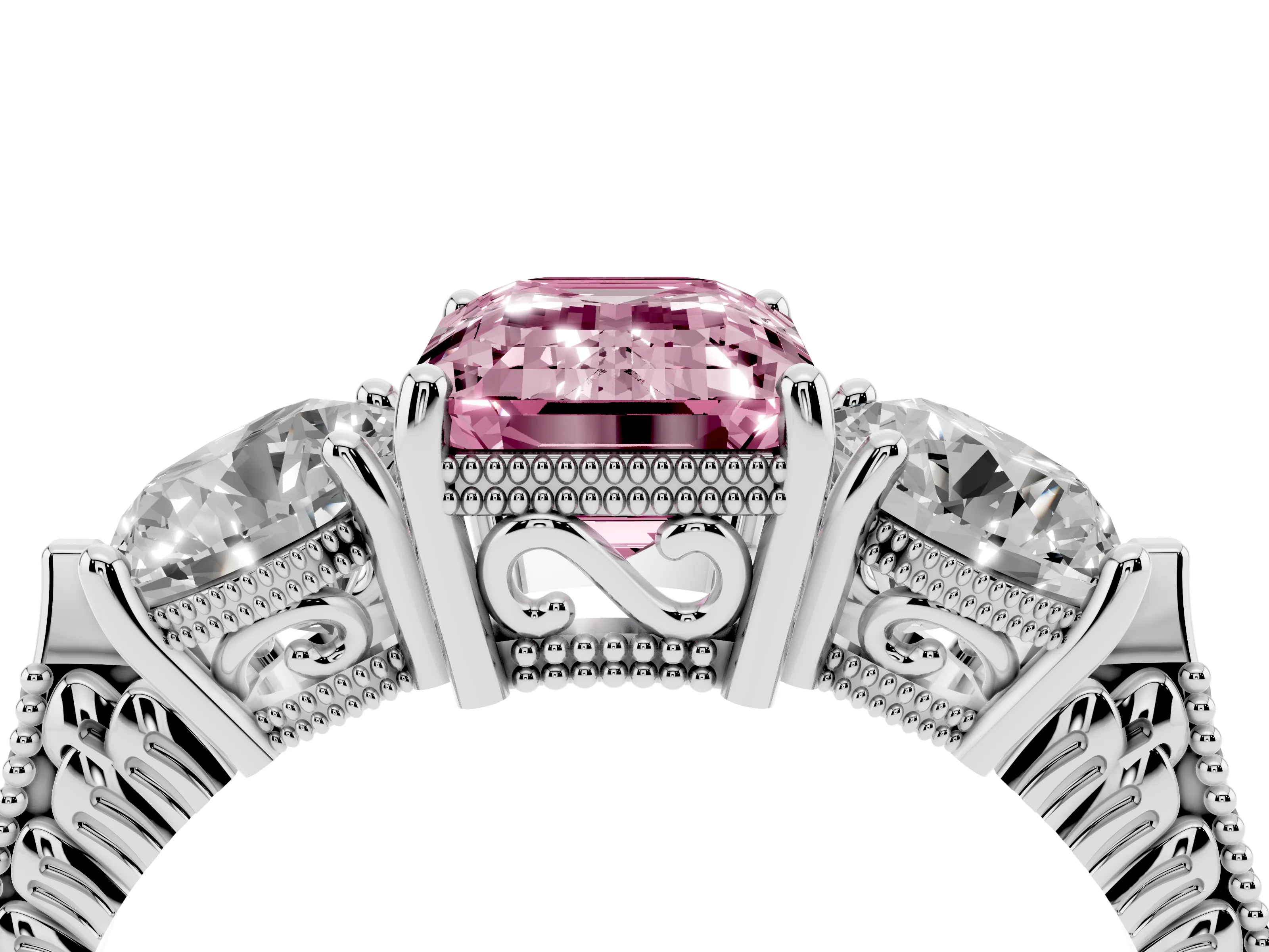 Fancy Pink Emerald Cut Diamond Three-Stone Ring Set in Silver with Milgrain Band
