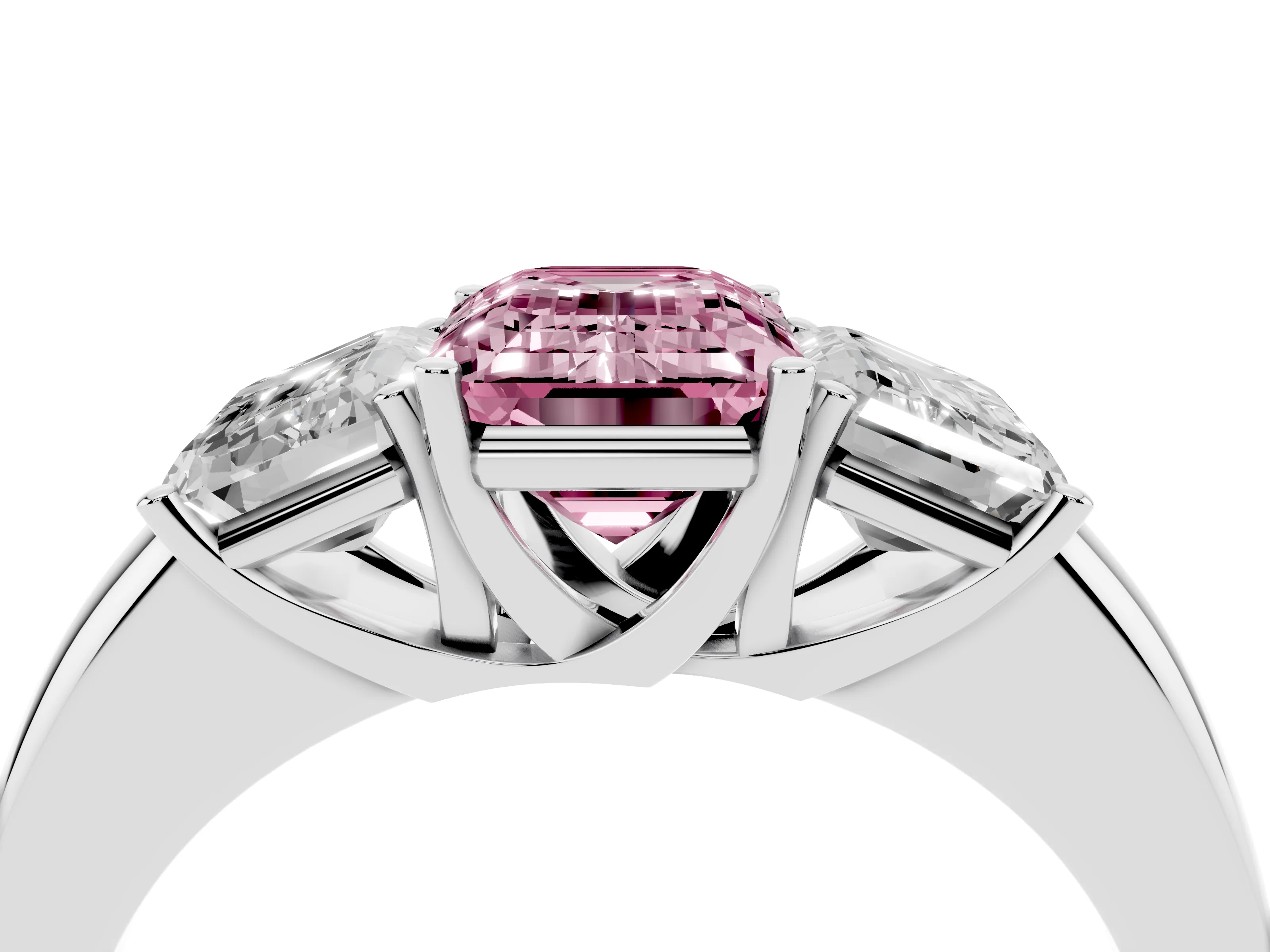 Fancy Pink Emerald Cut Diamond Three-Stone Ring Set in Silver with Bold Center and Classic Band
