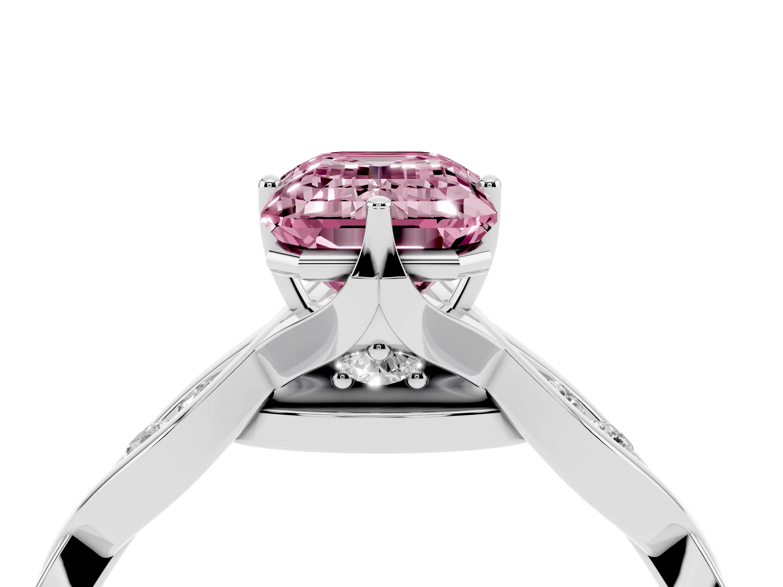 Fancy Pink Emerald Cut Diamond Twist Band Solitaire Ring Set in Platinum with Leaf Prong Setting and Accent Stones