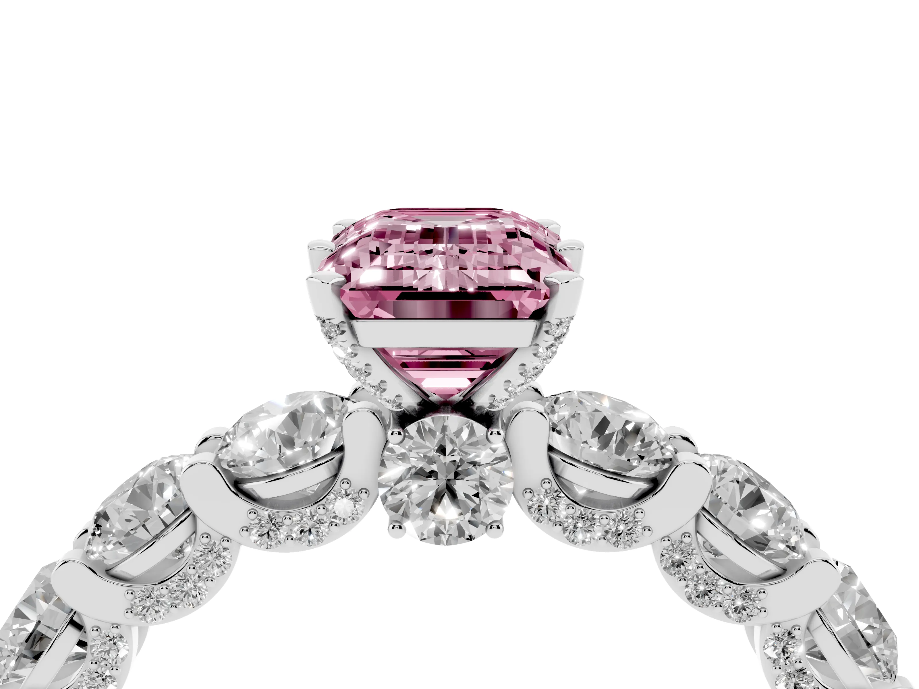 Fancy Pink Emerald Cut Diamond Side Stone Ring Set in White gold with Alternating Round and Oval Side Stones