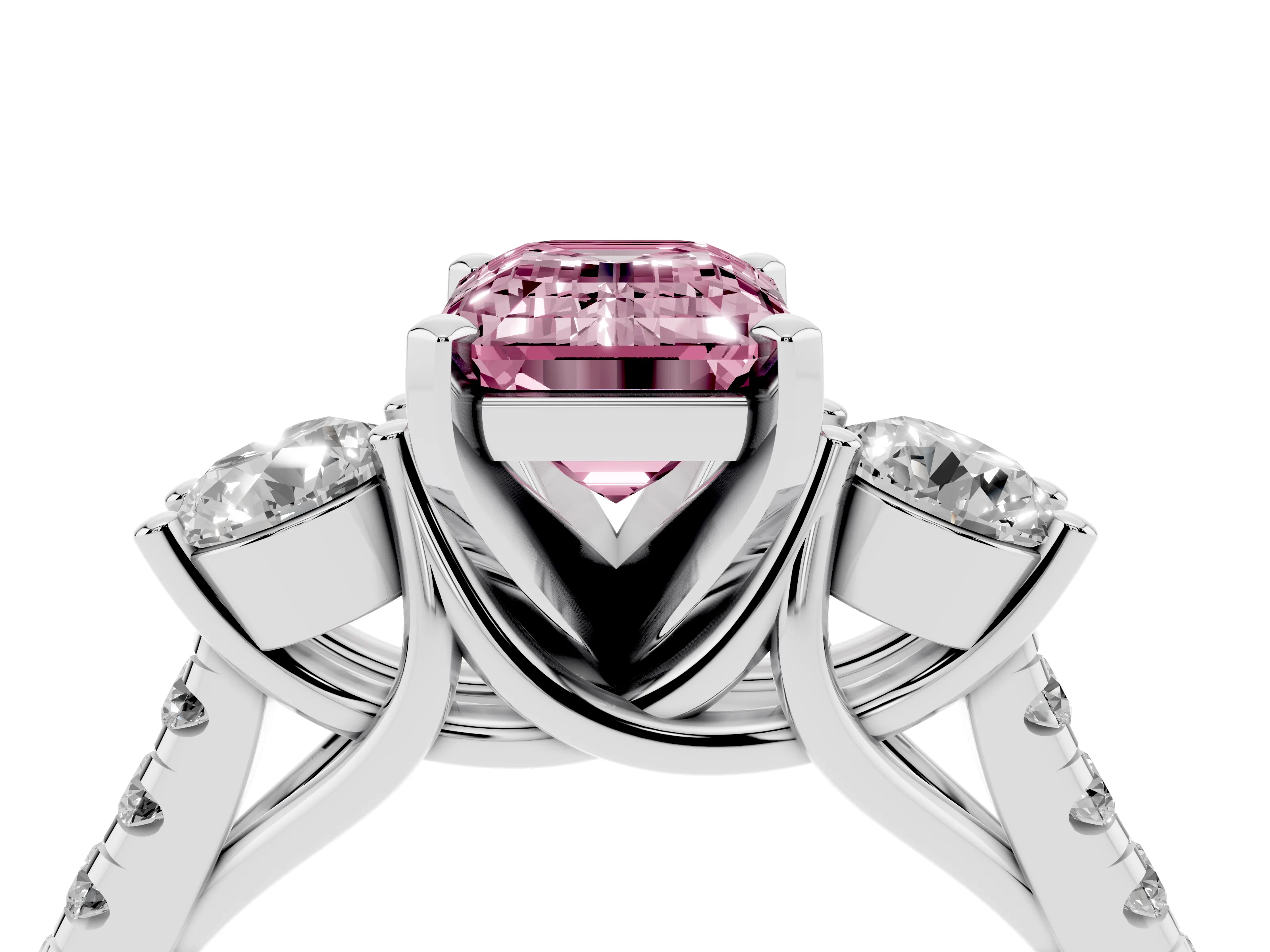 Fancy Pink Three-Stone Emerald Cut Diamond Pavé Band Ring Set in Silver with Prong-Set Trio