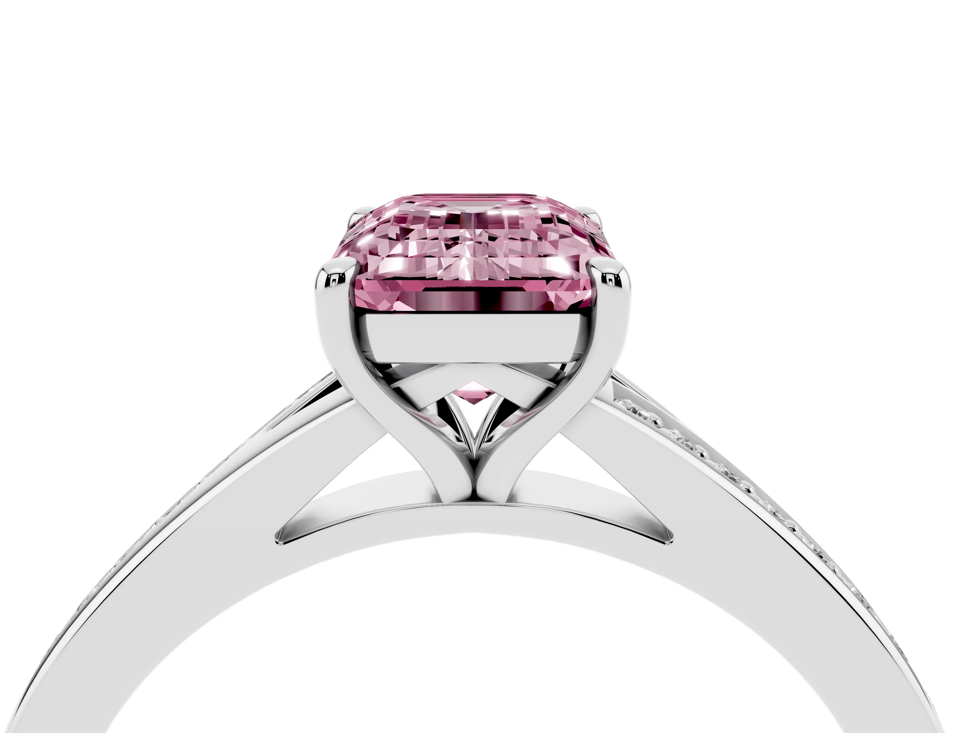 Fancy Pink Emerald Cut Diamond Solitaire Ring Set in Platinum with Pavé Accent Band and Classic Prong Setting