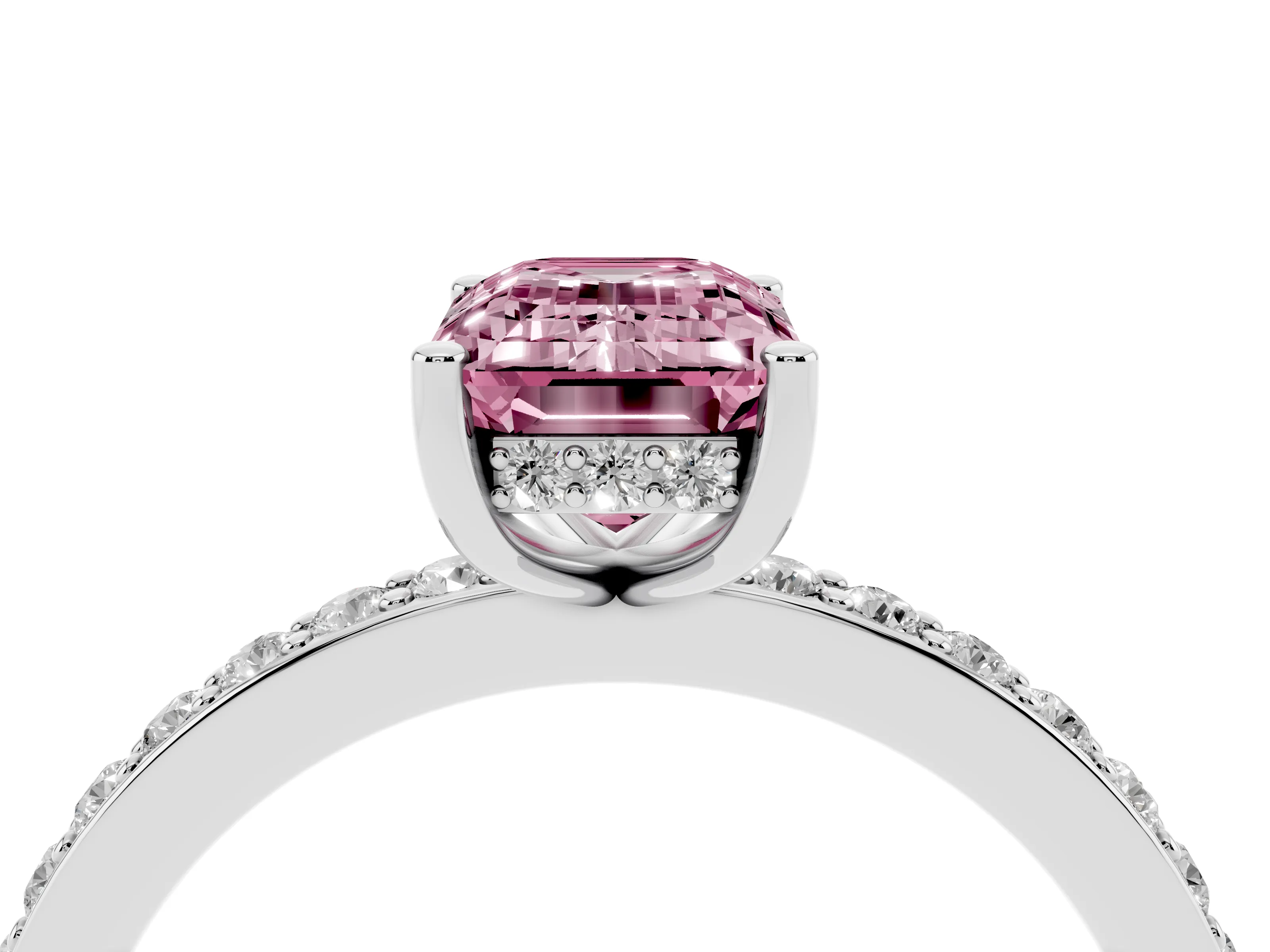 Fancy Pink Emerald Cut Diamond Pavé Band Ring Set in Platinum with Prong-Set Center Stone