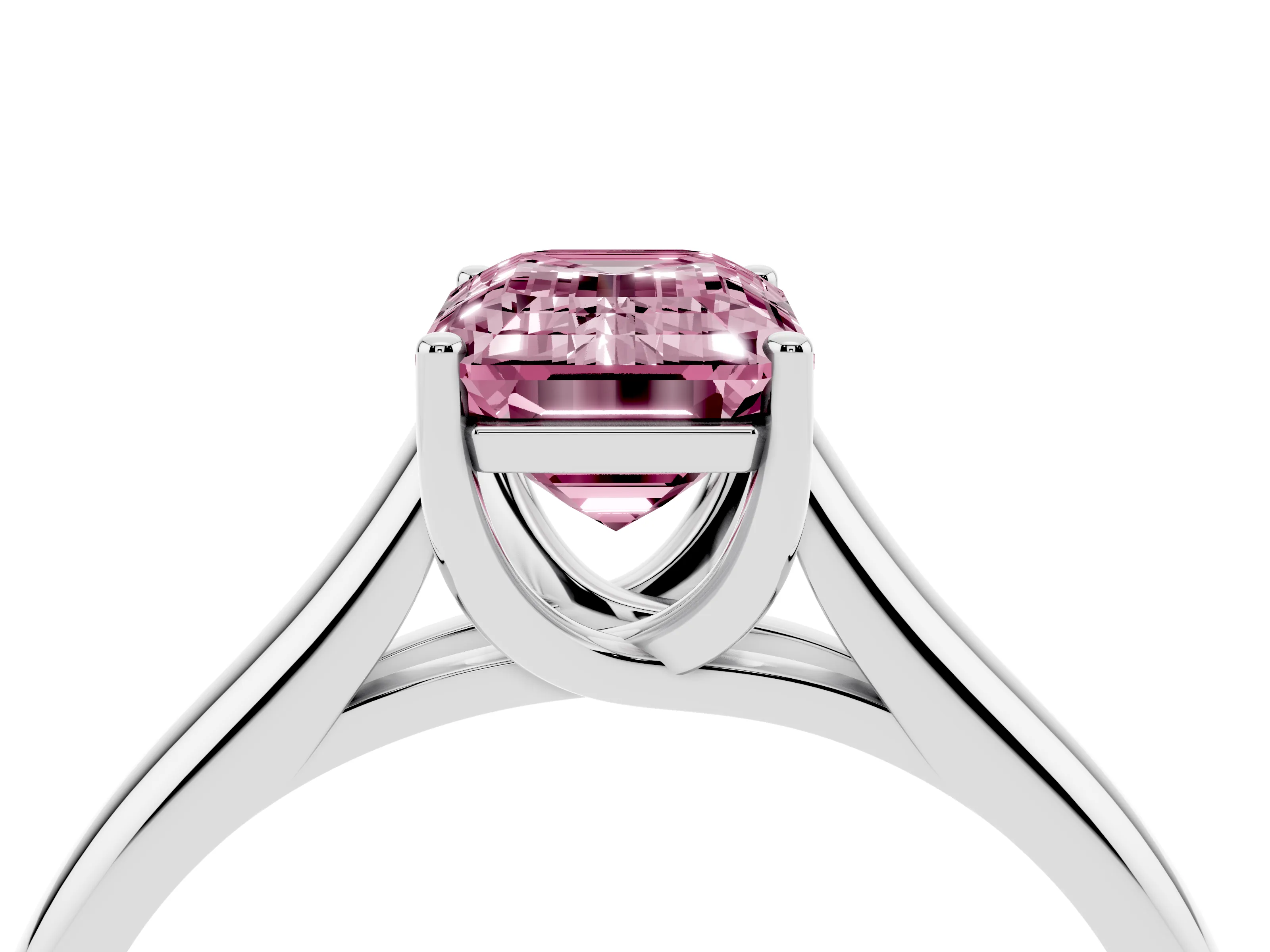 Fancy Pink Emerald Cut Diamond Solitaire Engagement Ring Set in White gold with Subtly Tapered Band and Prong Setting