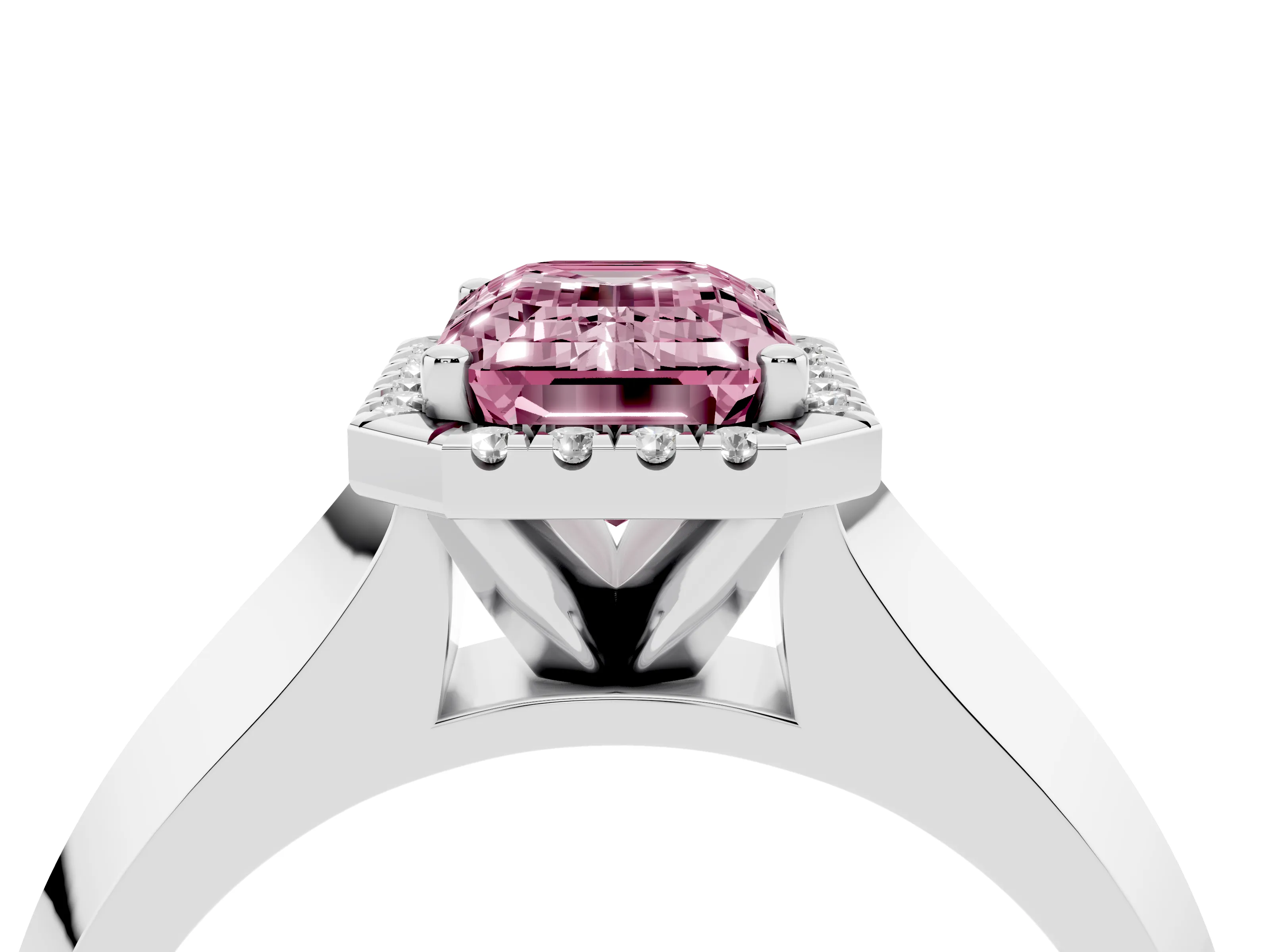 Fancy Pink Emerald Cut Diamond Halo Ring Set in Platinum with Cathedral Band and Prong Setting