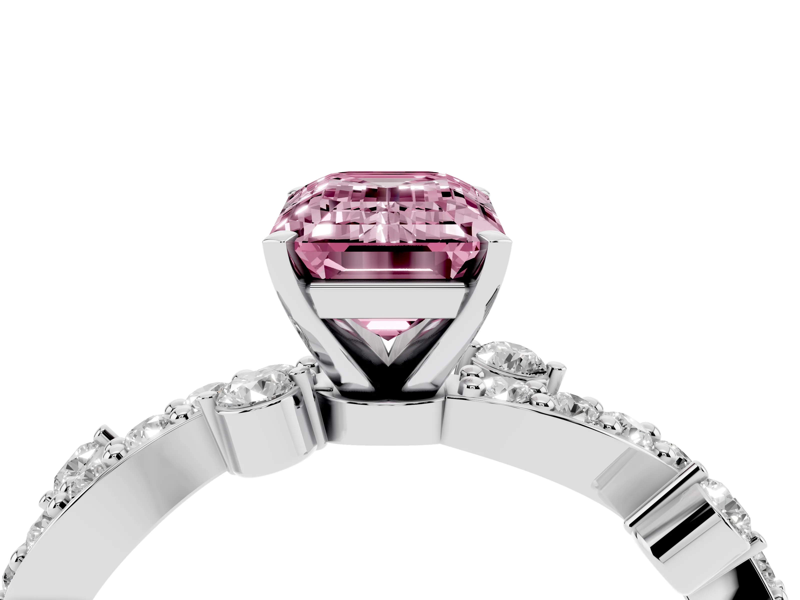 Fancy Pink Emerald Cut Diamond Solitaire Twisted Band Set in Silver with Pavé Setting