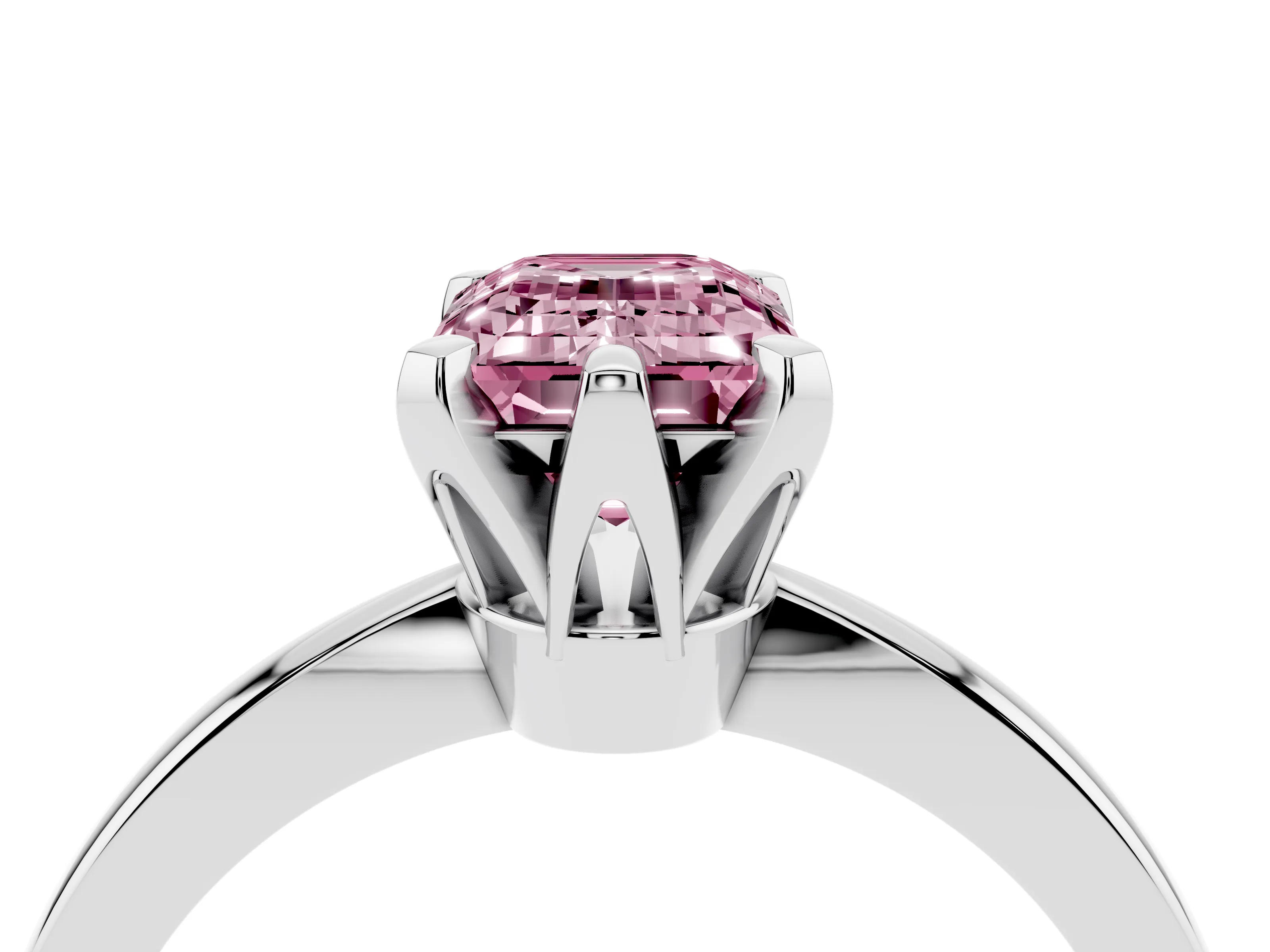 Fancy Pink Emerald Cut Diamond Solitaire Engagement Ring Set in White gold with Slim Tapered Solitaire Band
