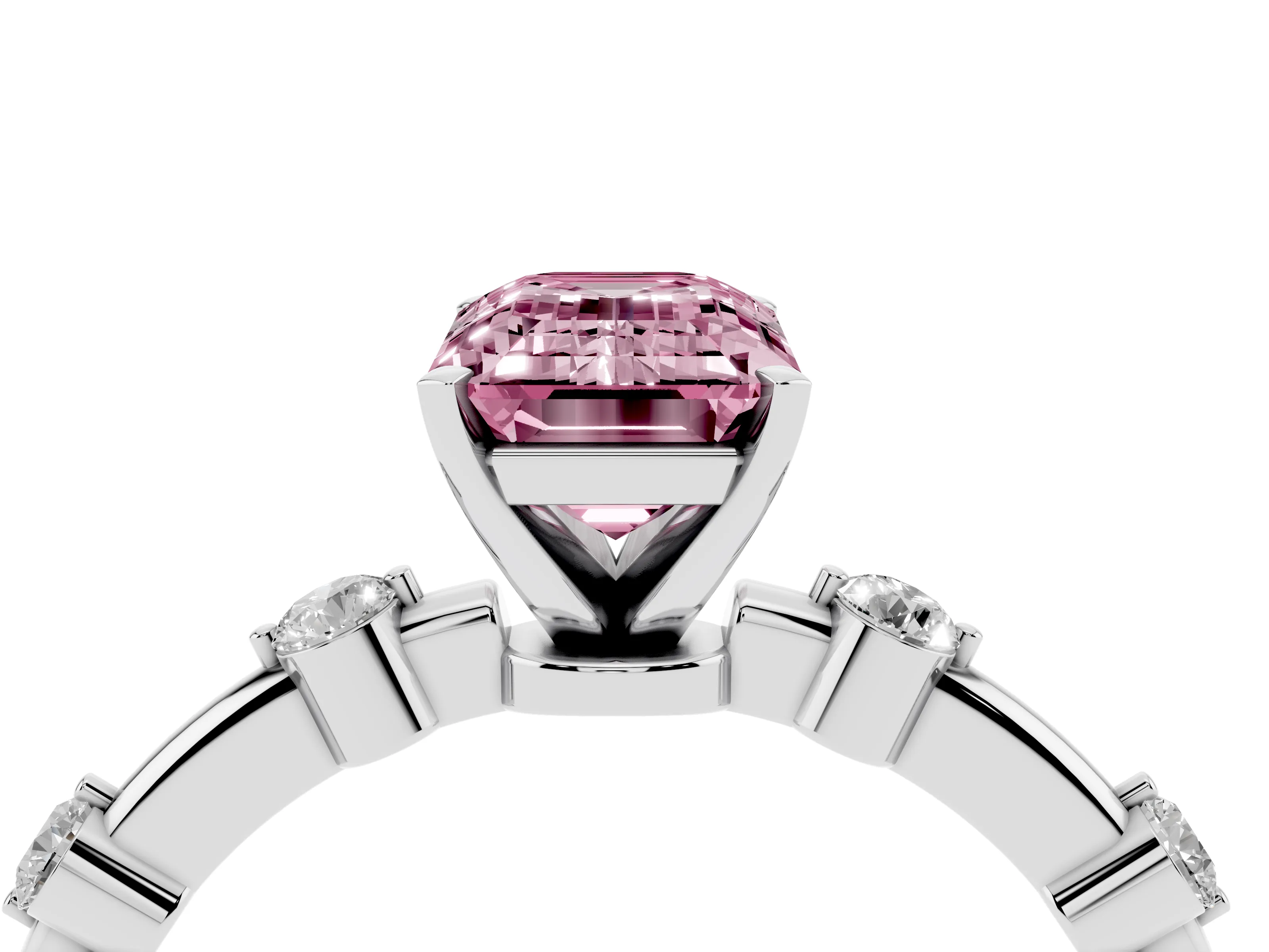 Fancy Pink Emerald Cut Diamond Solitaire Ring Set in White gold with Bezel Set Side Stones and Prong Setting