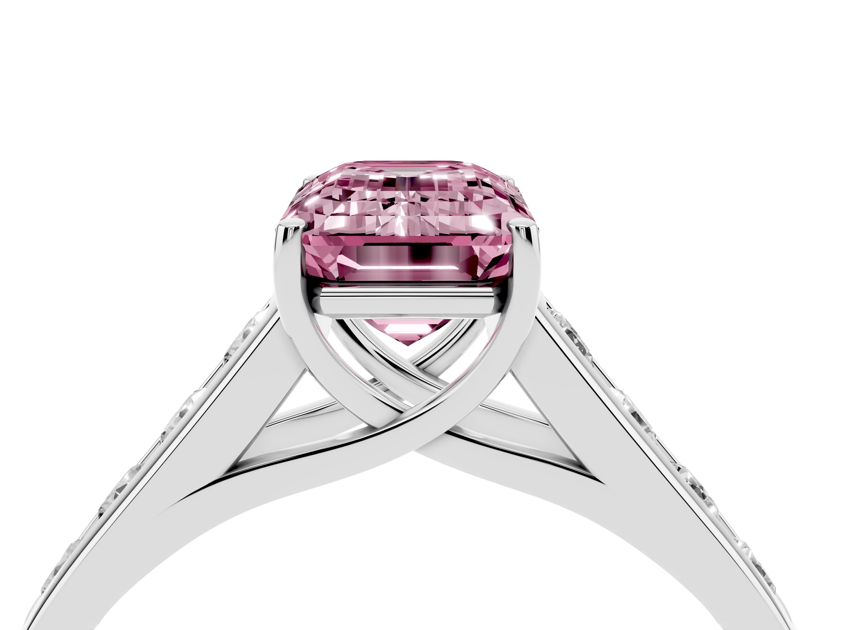 Fancy Pink Emerald Cut Diamond Solitaire Channel-Set Engagement Ring Set in White gold with Prong Setting