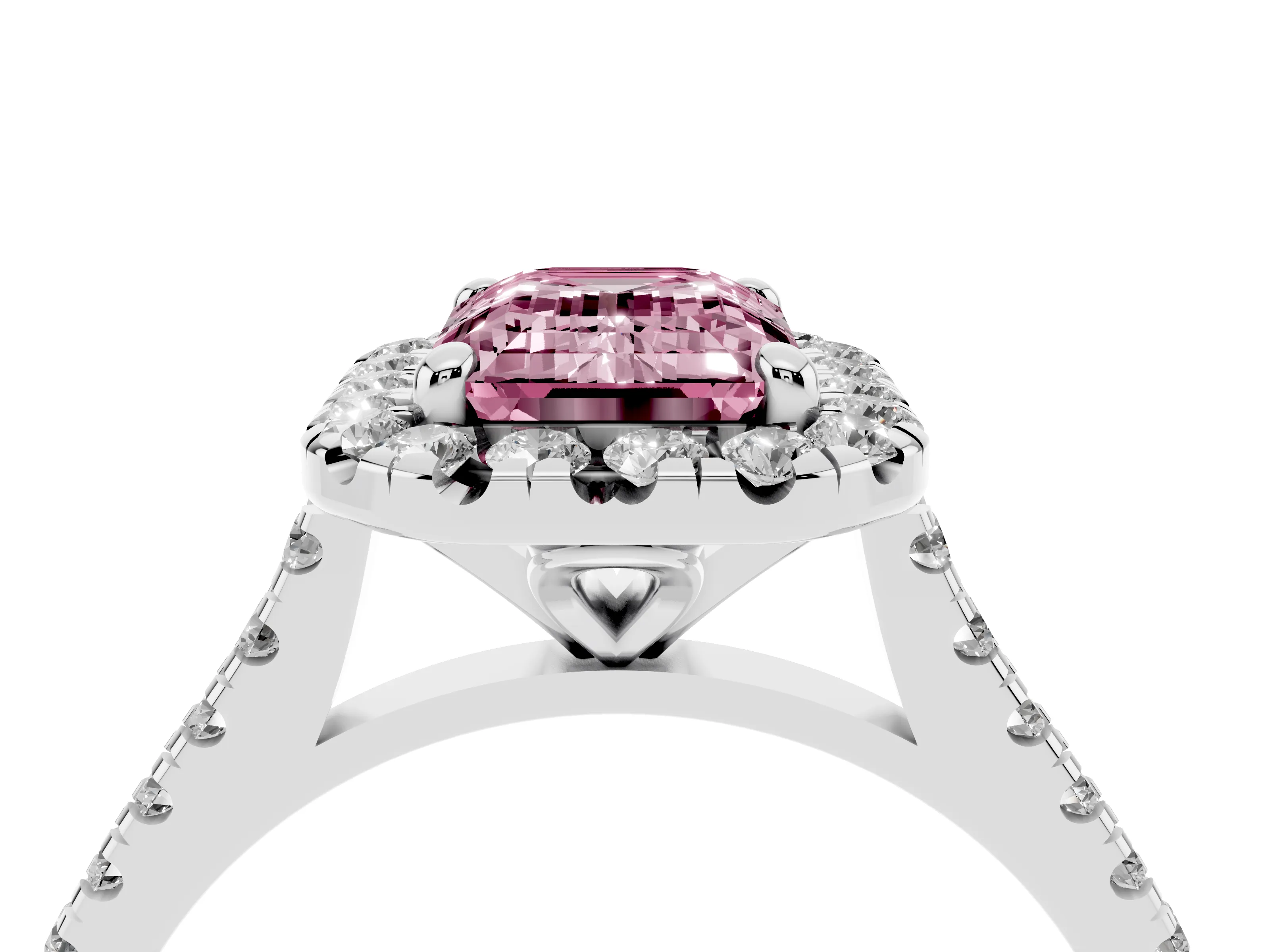 Fancy Pink Emerald Cut Diamond Cushion Halo Ring Set in White gold with Pavé Band