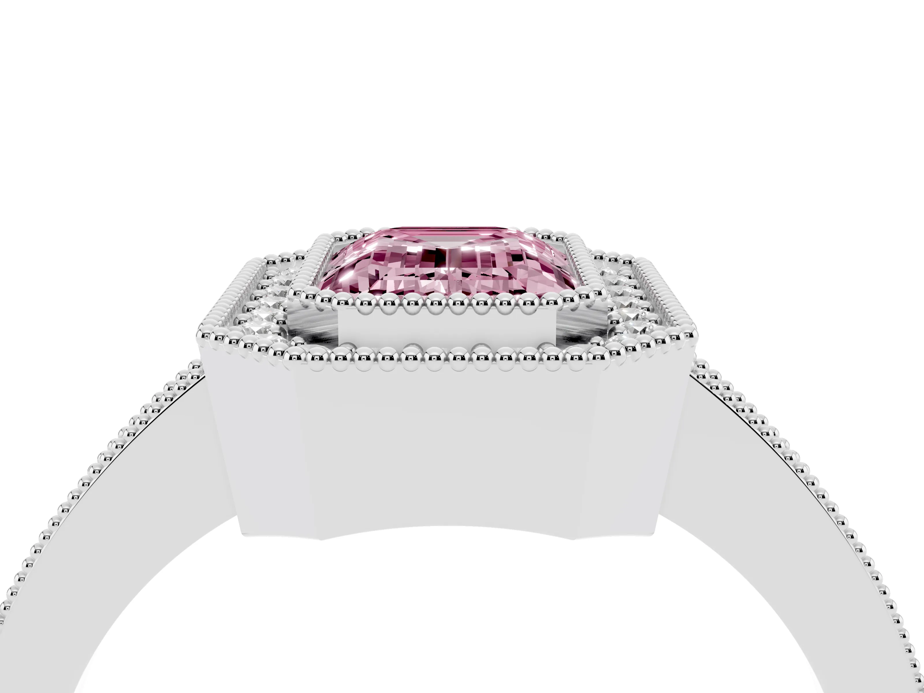 Fancy Pink Emerald Cut Diamond Halo Engagement Ring Set in White gold with Pavé Band and Round Halo Stones